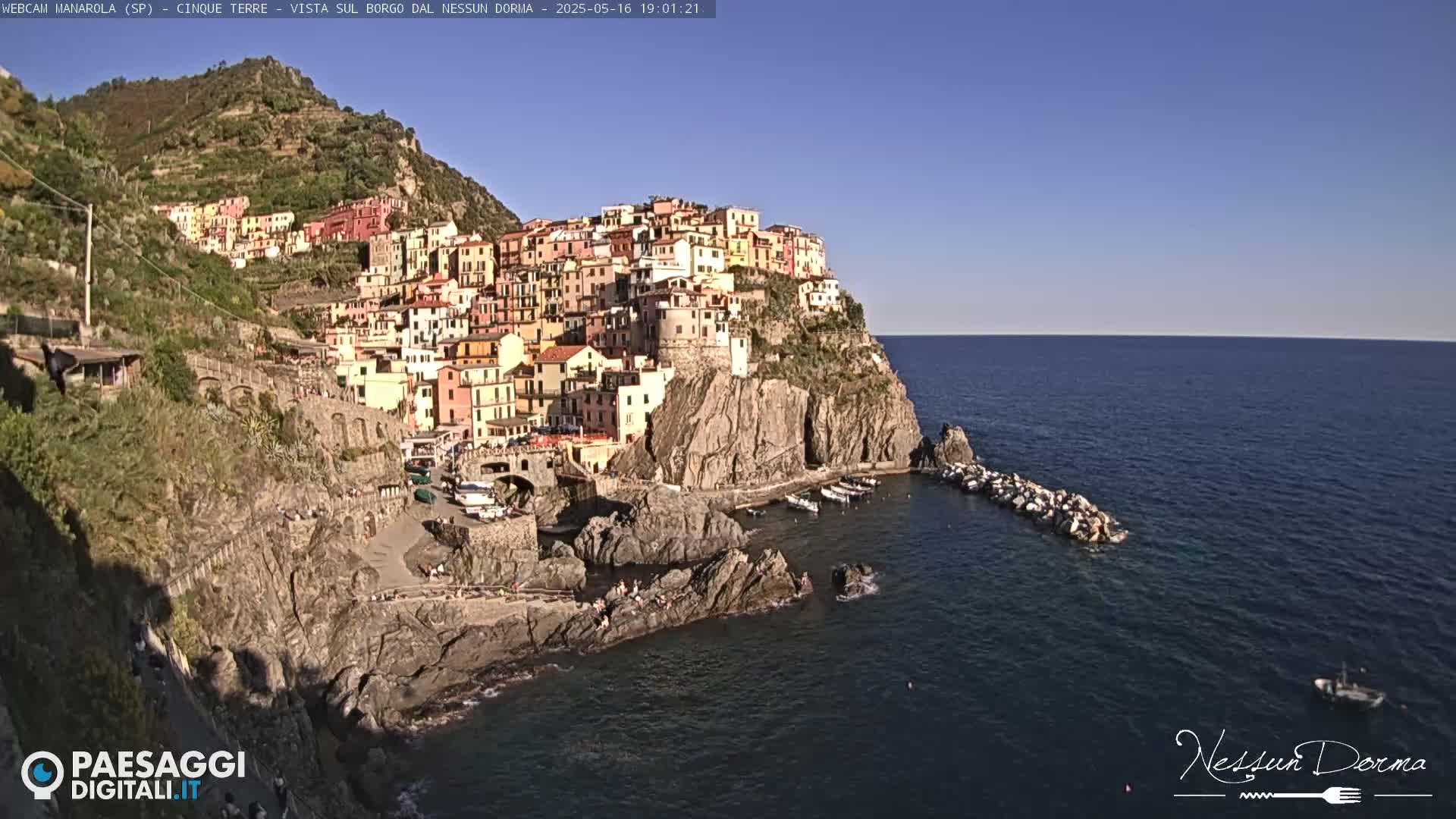 A colorful village clings to a rocky cliffside overlooking a calm, blue sea under a clear sky.