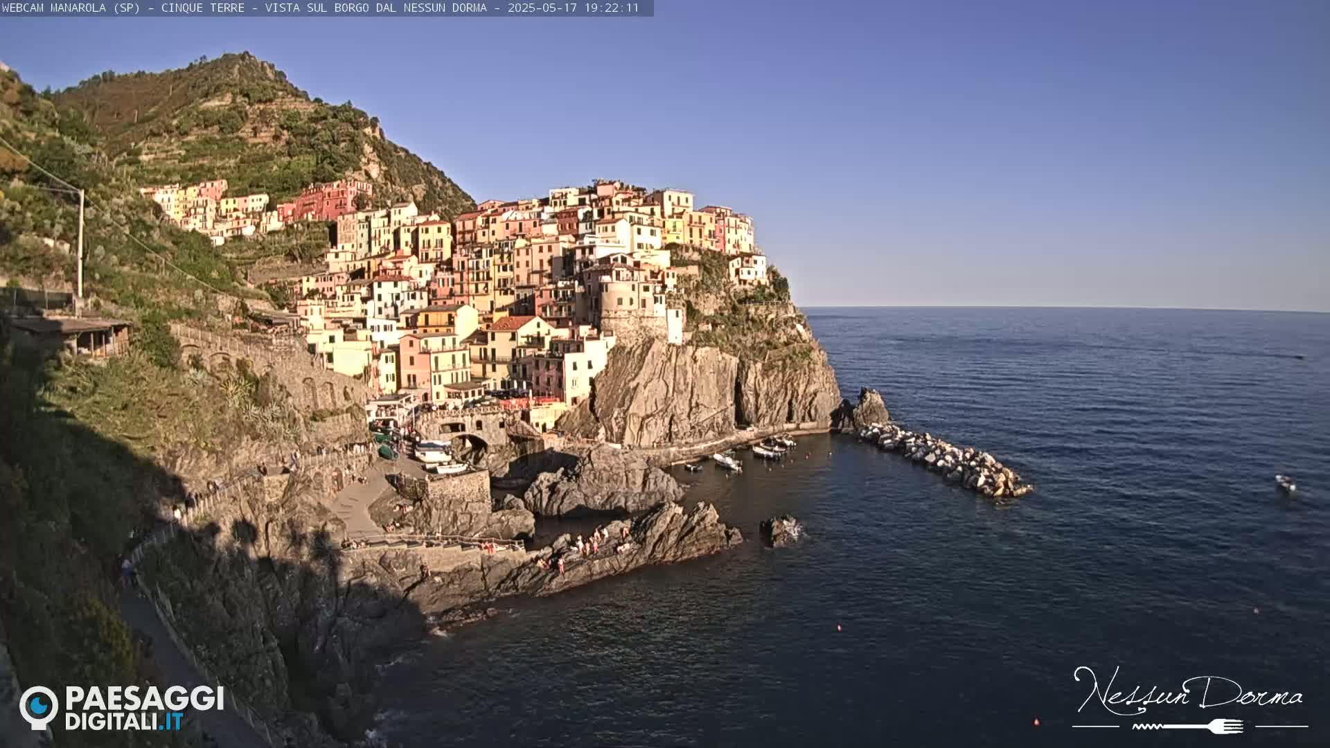 A colorful village clings to a steep cliffside overlooking a calm, blue sea under a clear, sunny sky.