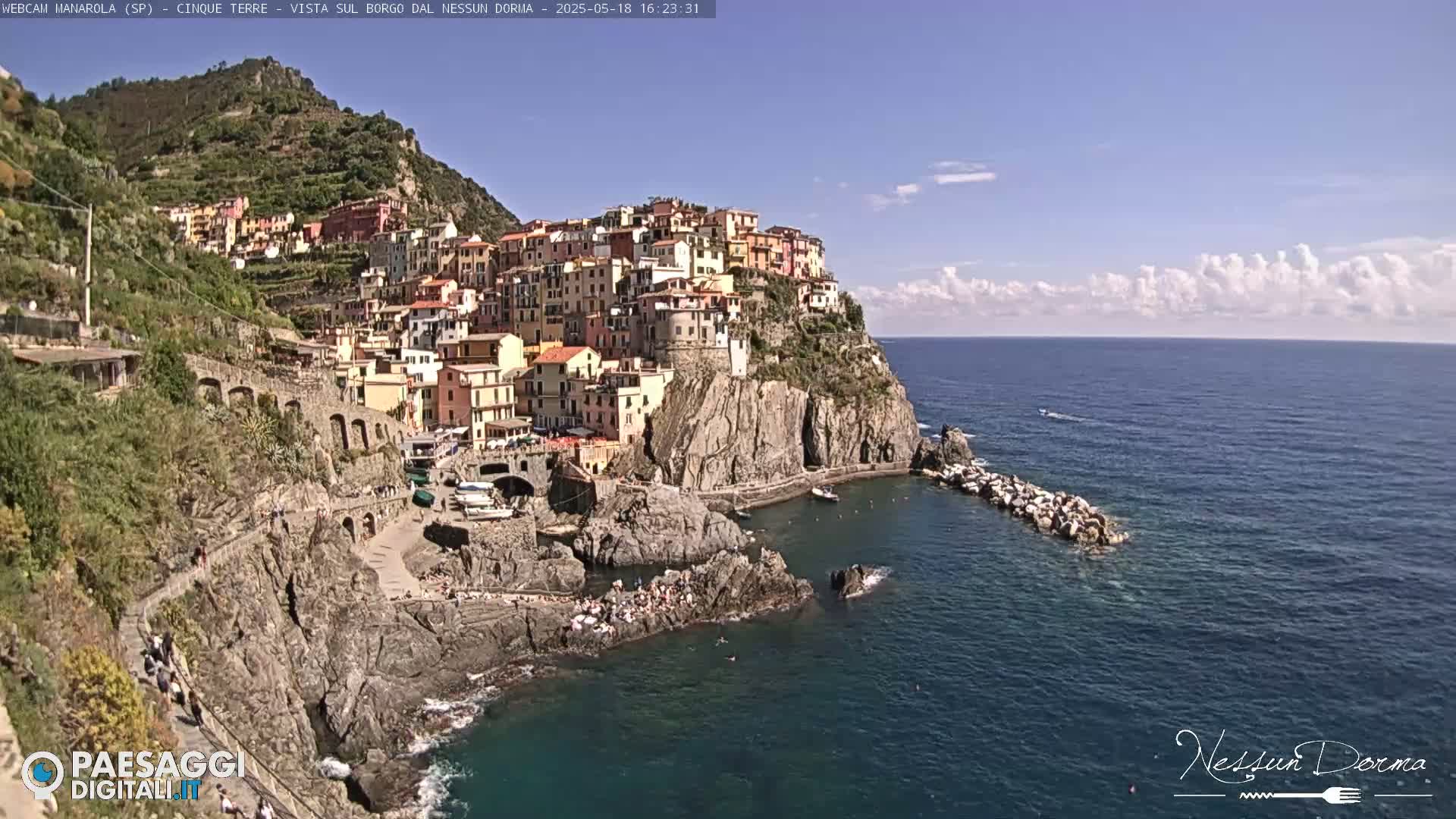 A colorful village clings to a cliffside overlooking a calm blue sea under a partly cloudy sky.