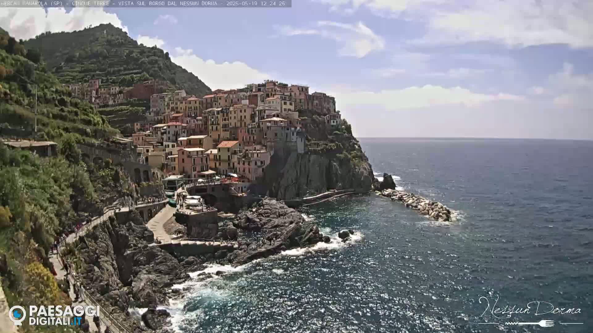 A picturesque coastal town, built on a cliffside, overlooks a calm, sunny sea.