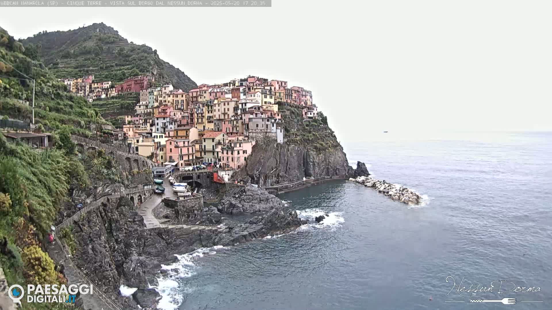 A colorful village clings to a steep cliffside overlooking a calm sea under an overcast sky.