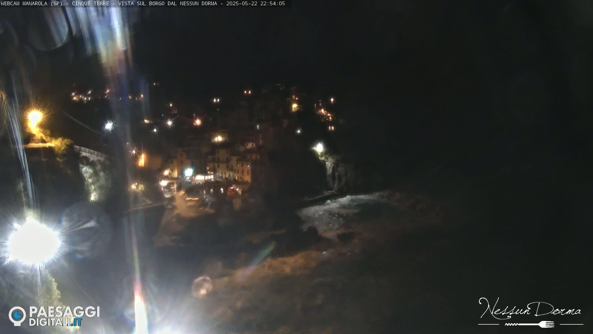 A nighttime, seaside village with illuminated buildings is partially visible, with dark water and waves crashing against the rocks below.