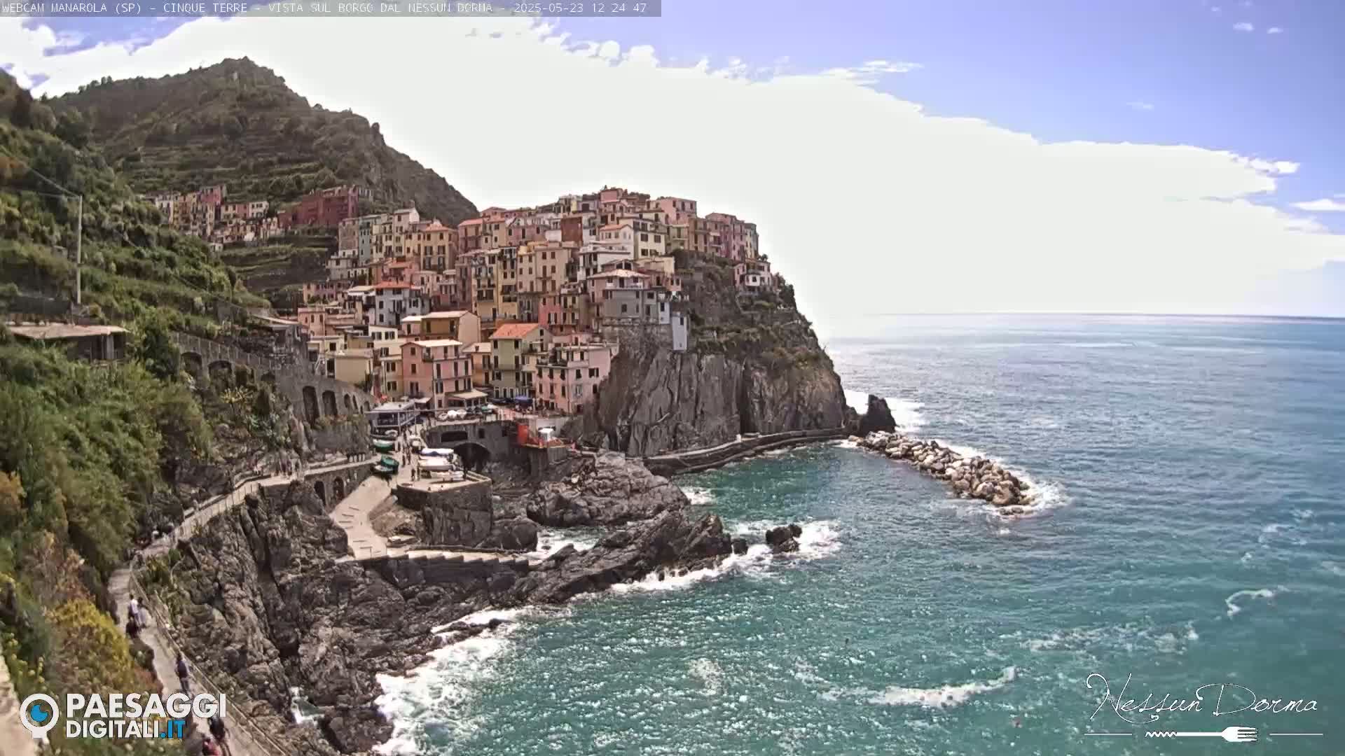 A picturesque coastal village clings to a steep cliffside overlooking a calm, blue sea under a mostly clear sky.