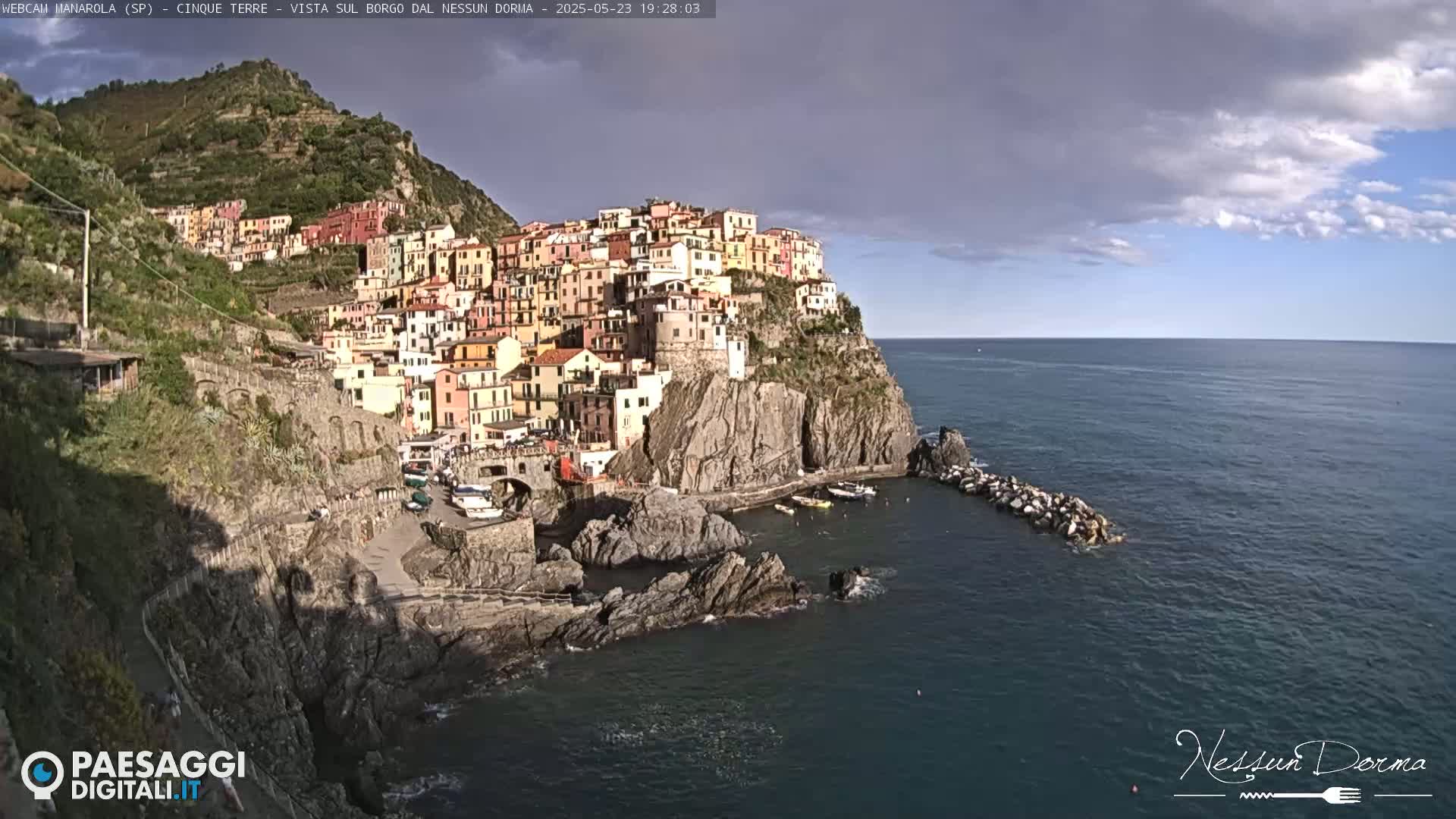 A colorful village clings to a rocky cliffside overlooking a calm sea under a partly cloudy sky.