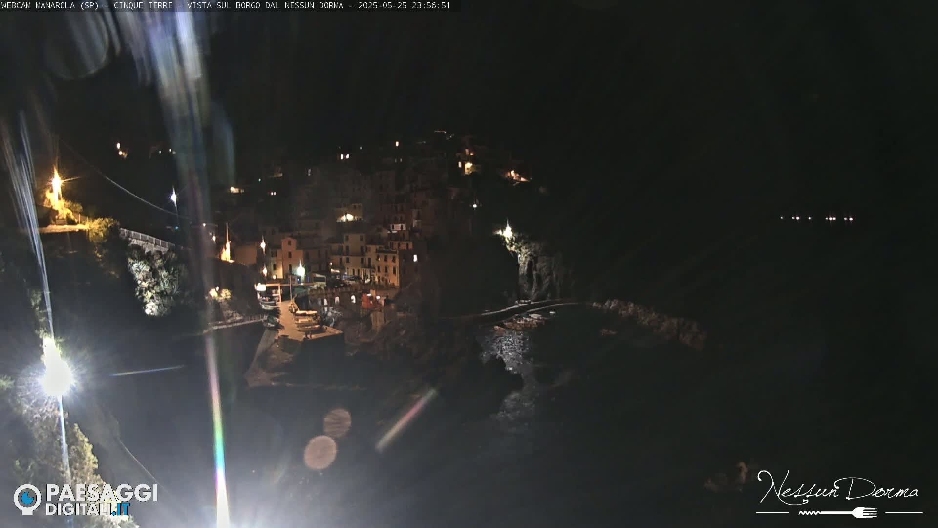 A nighttime view of a coastal village with buildings illuminated by lights, nestled against a dark hillside next to a body of water.