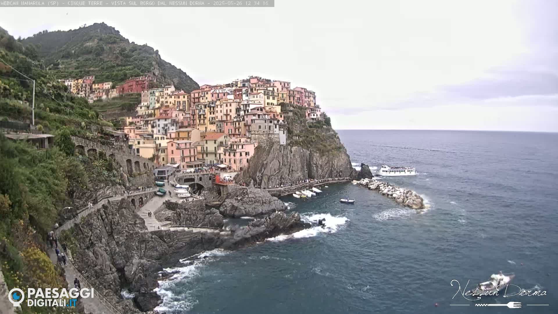 A colorful village clings to a steep cliffside overlooking a dark blue sea with small waves under an overcast sky.