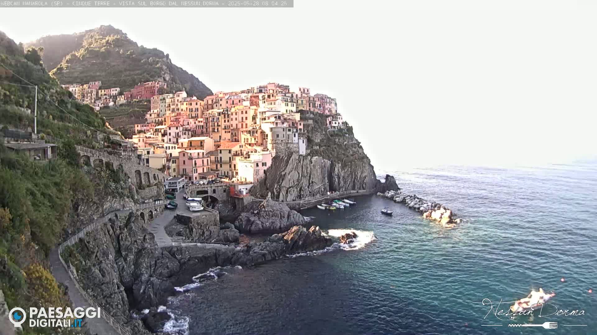 A colorful village clings to a rocky cliffside overlooking a calm, blue sea under a bright, mostly clear sky.