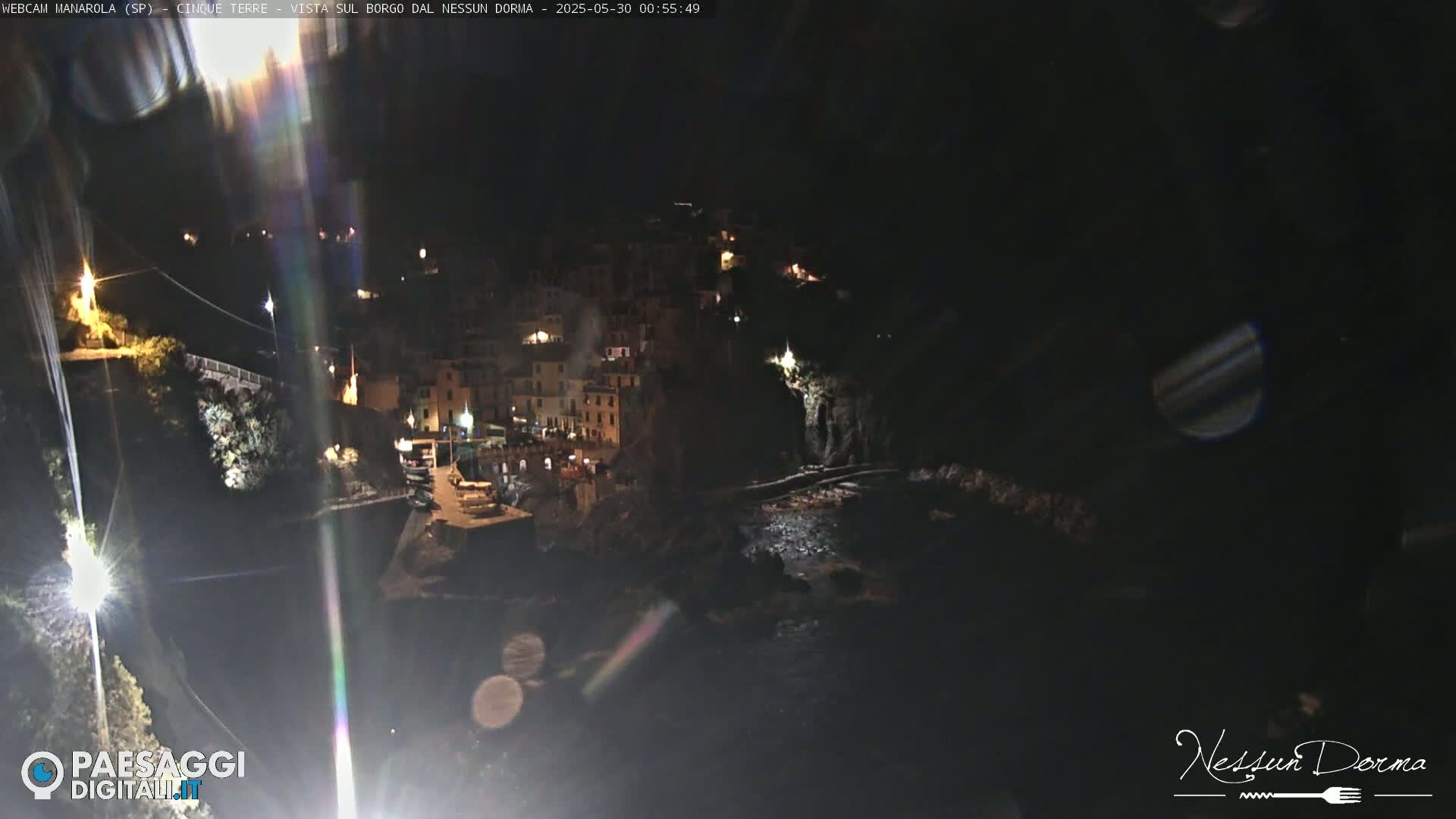 A nighttime view of a coastal town with buildings illuminated along a dark rocky shoreline under a clear sky.