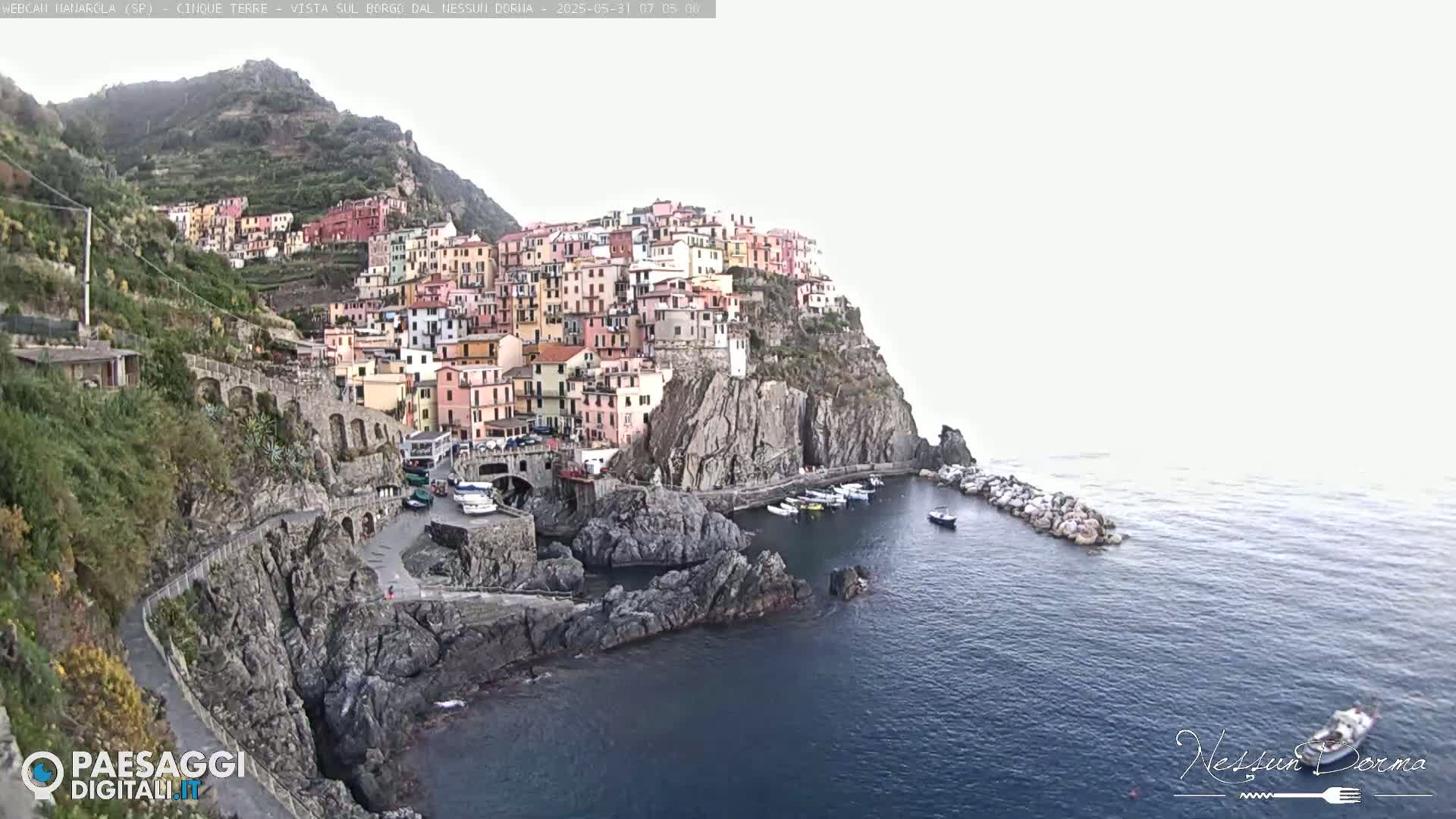 A colorful village clings to a steep cliffside overlooking a calm sea with a few boats in a small harbor.