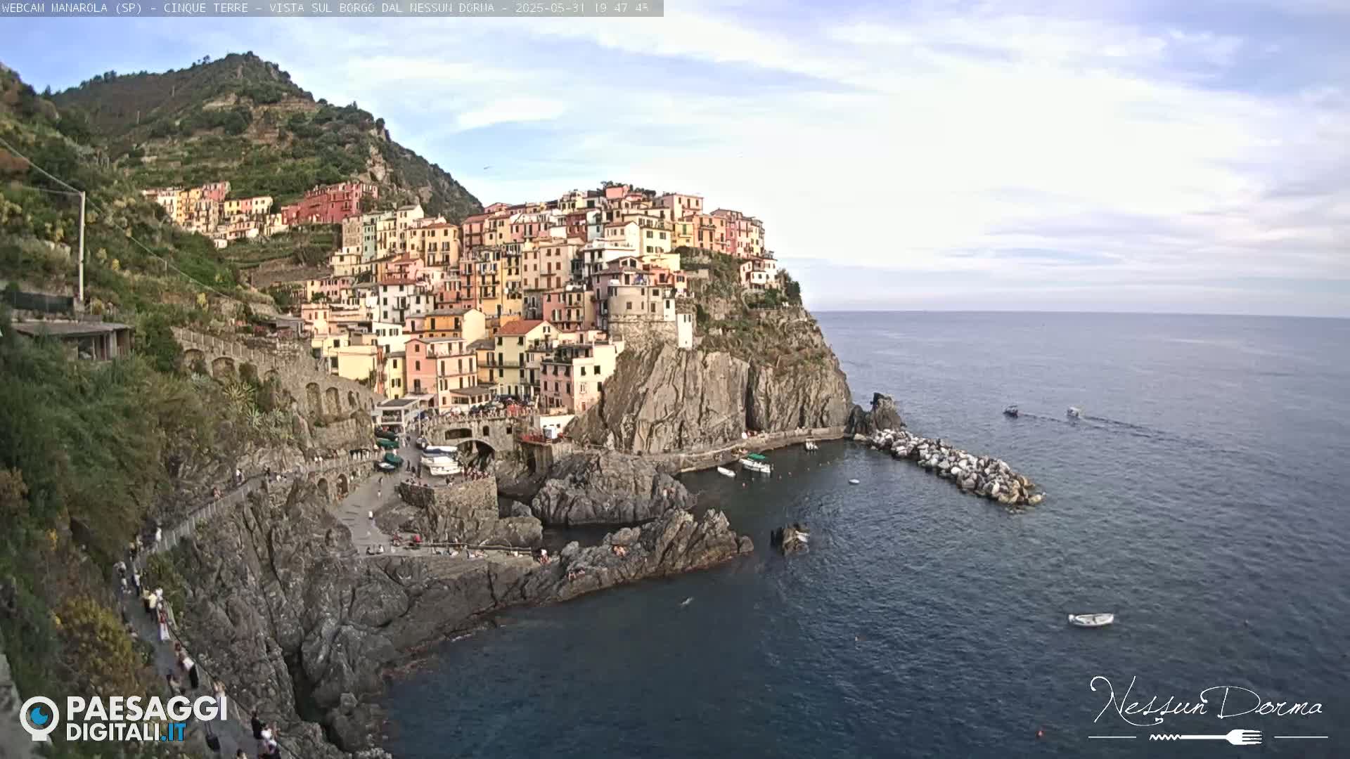 A picturesque village of colorful buildings clings to a rocky cliffside overlooking a calm sea under a mostly clear sky.