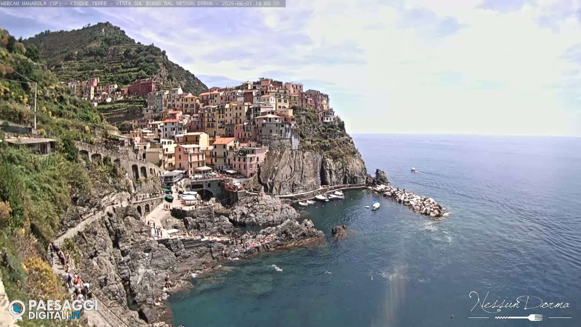A colorful village clings to a steep cliffside overlooking a calm, blue sea on a partly cloudy day.