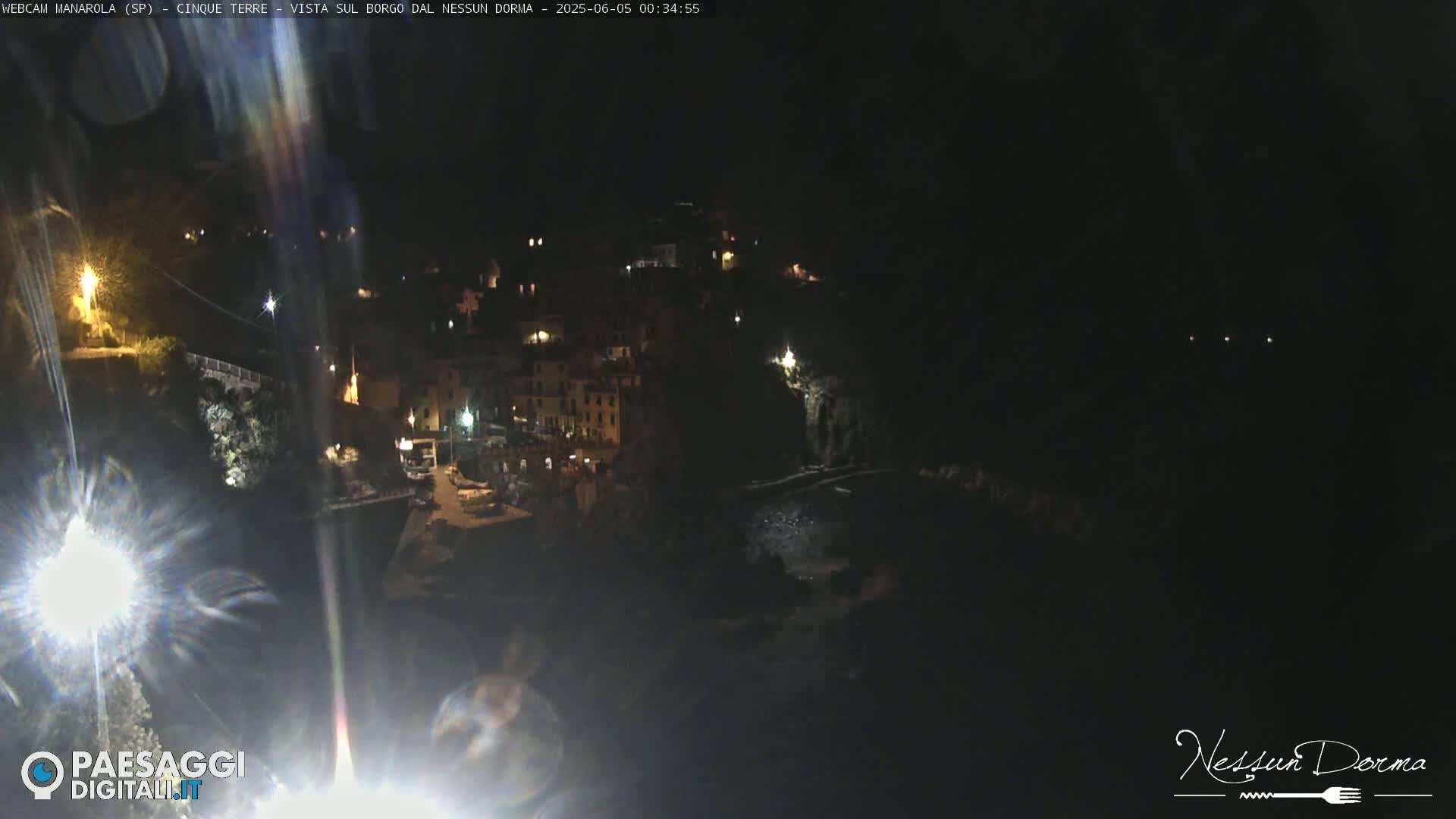A nighttime, long shot of a coastal town with its lights illuminated against a dark sky.
