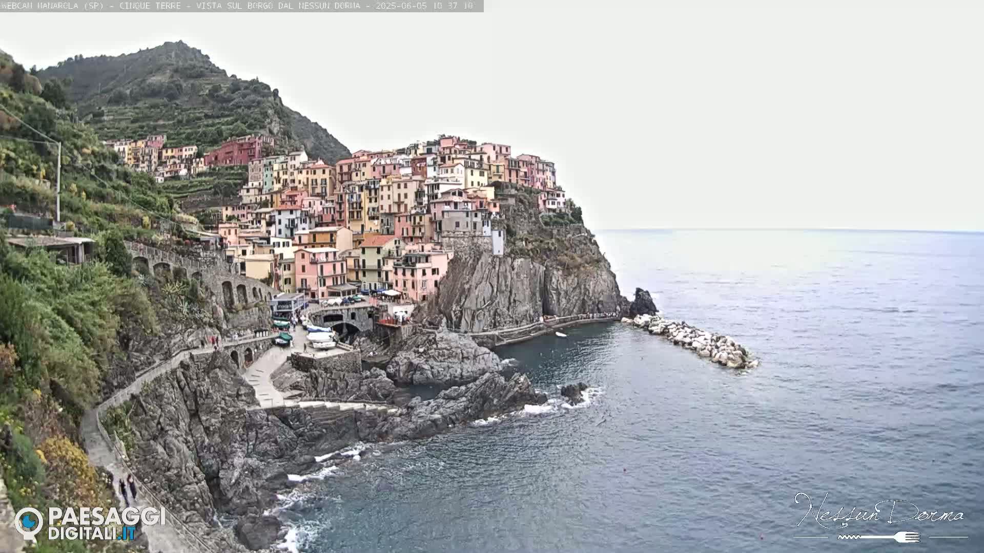 A picturesque coastal village clings to a rocky cliffside overlooking a calm sea under an overcast sky.