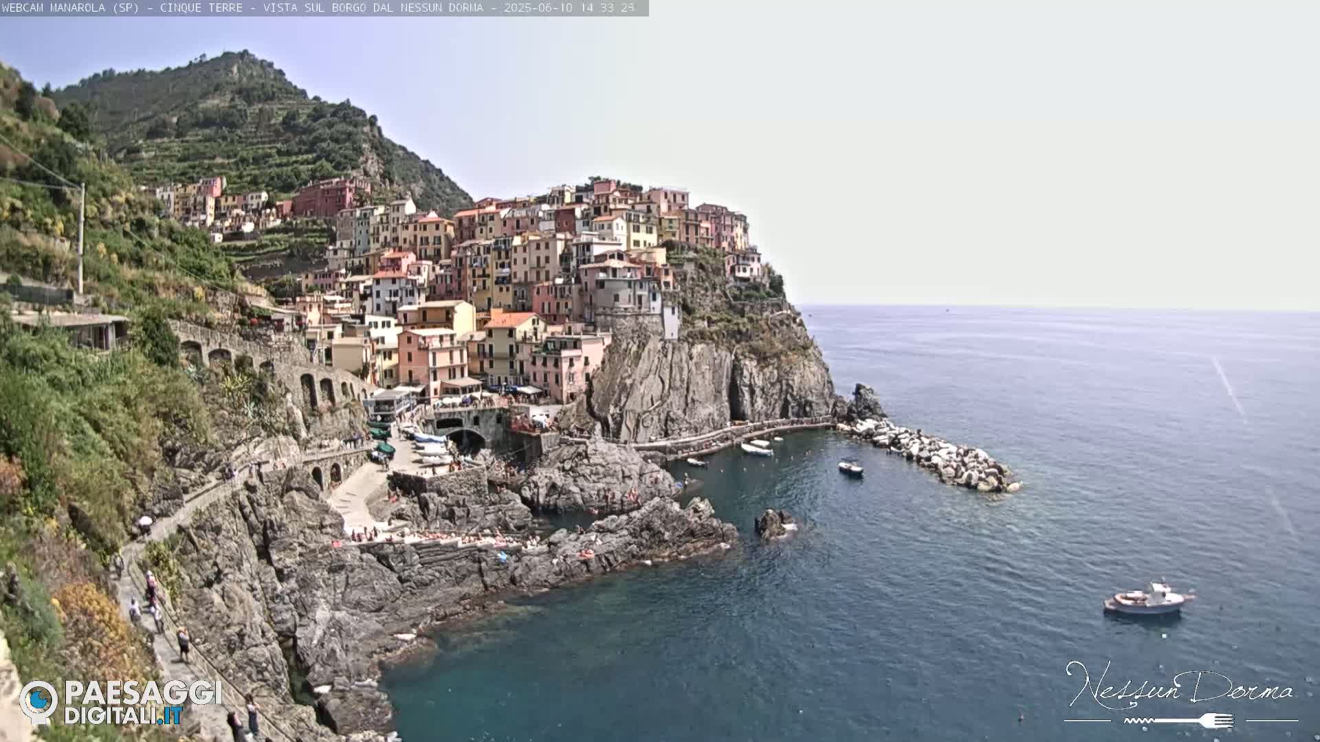 A colorful village clings to a steep cliffside overlooking a calm sea with several small boats.