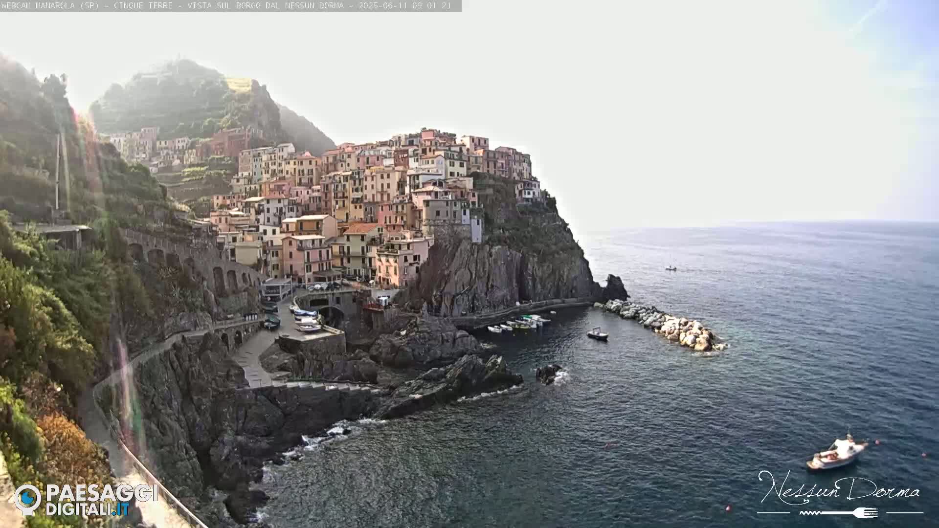 A picturesque coastal village clings to a steep cliffside overlooking a calm sea under a hazy sky.