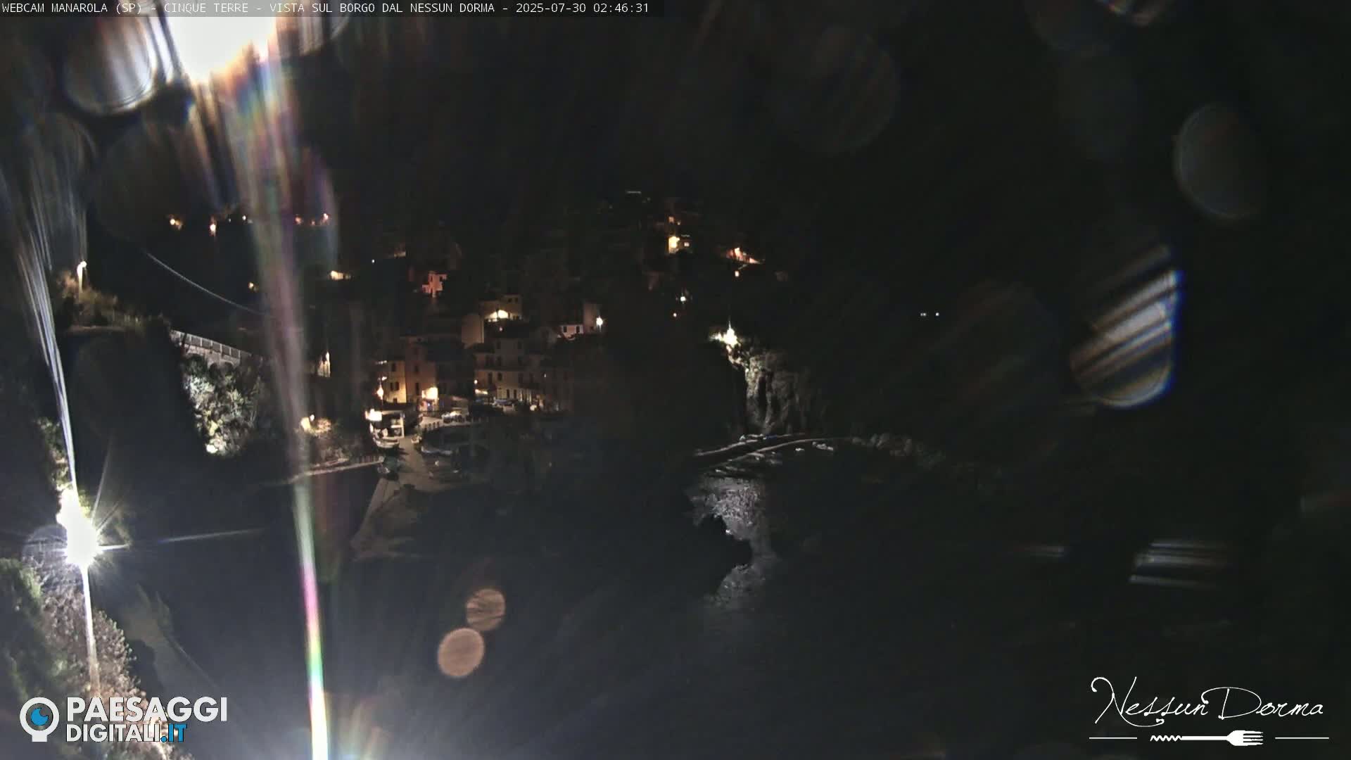 A brightly lit coastal village clings to a steep cliffside overlooking a calm sea with several small boats.