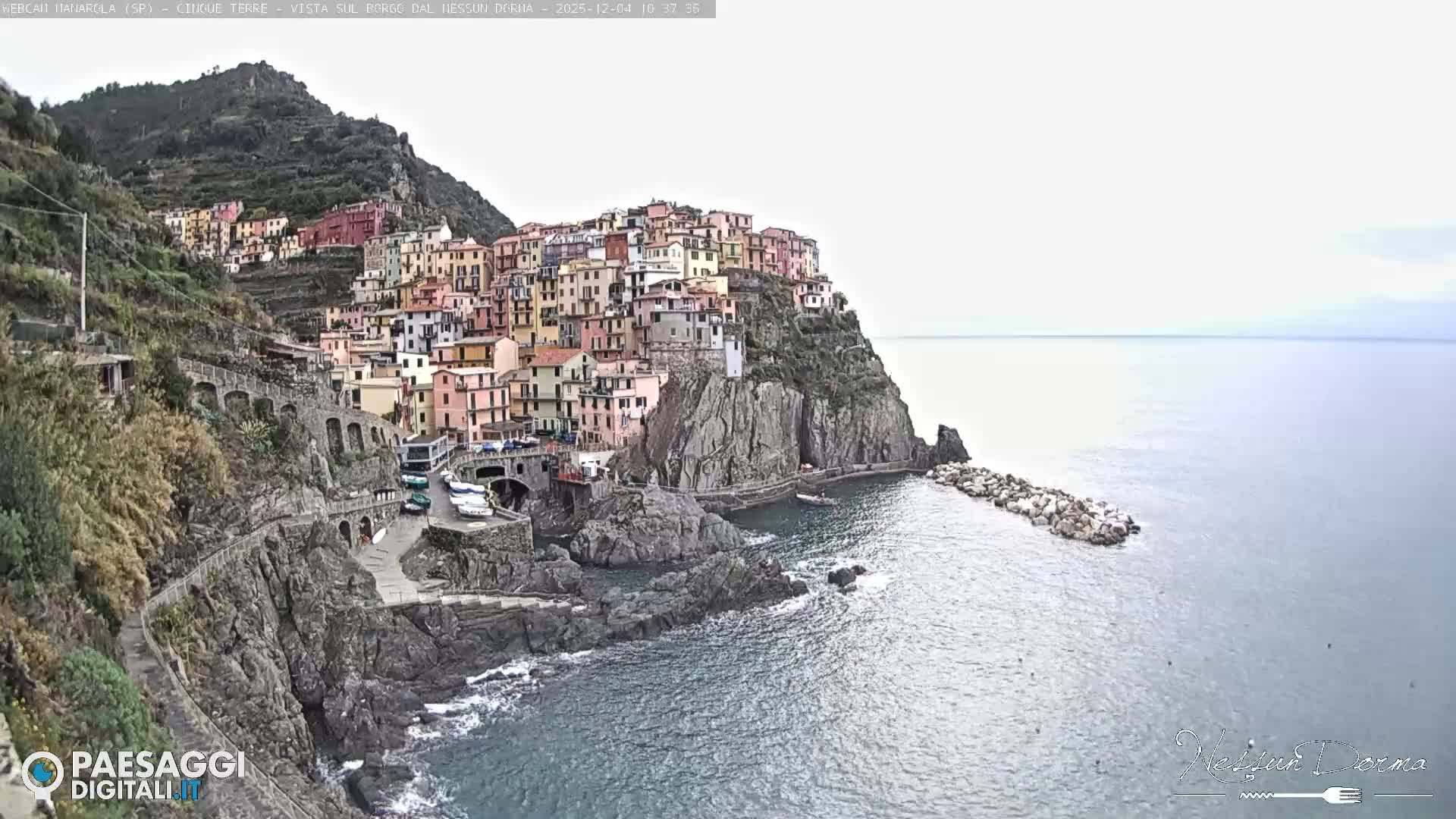 A vibrant coastal village with colorful buildings is nestled into a steep, rocky hillside overlooking the calm, grey-blue sea under an overcast sky.