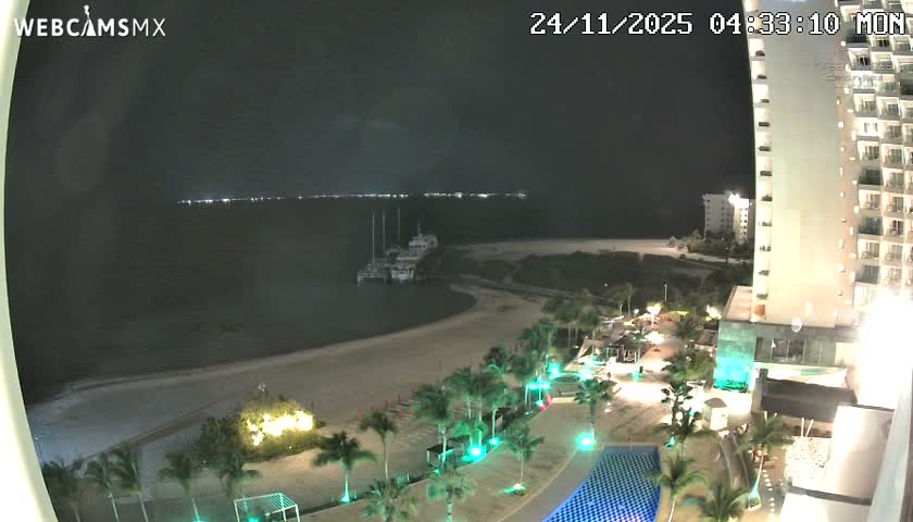 A clear night offers an elevated view of a resort featuring a brightly lit pool, numerous palm trees, a sandy beach, and several large boats docked in a dark bay, with distant city lights twinkling on the horizon.