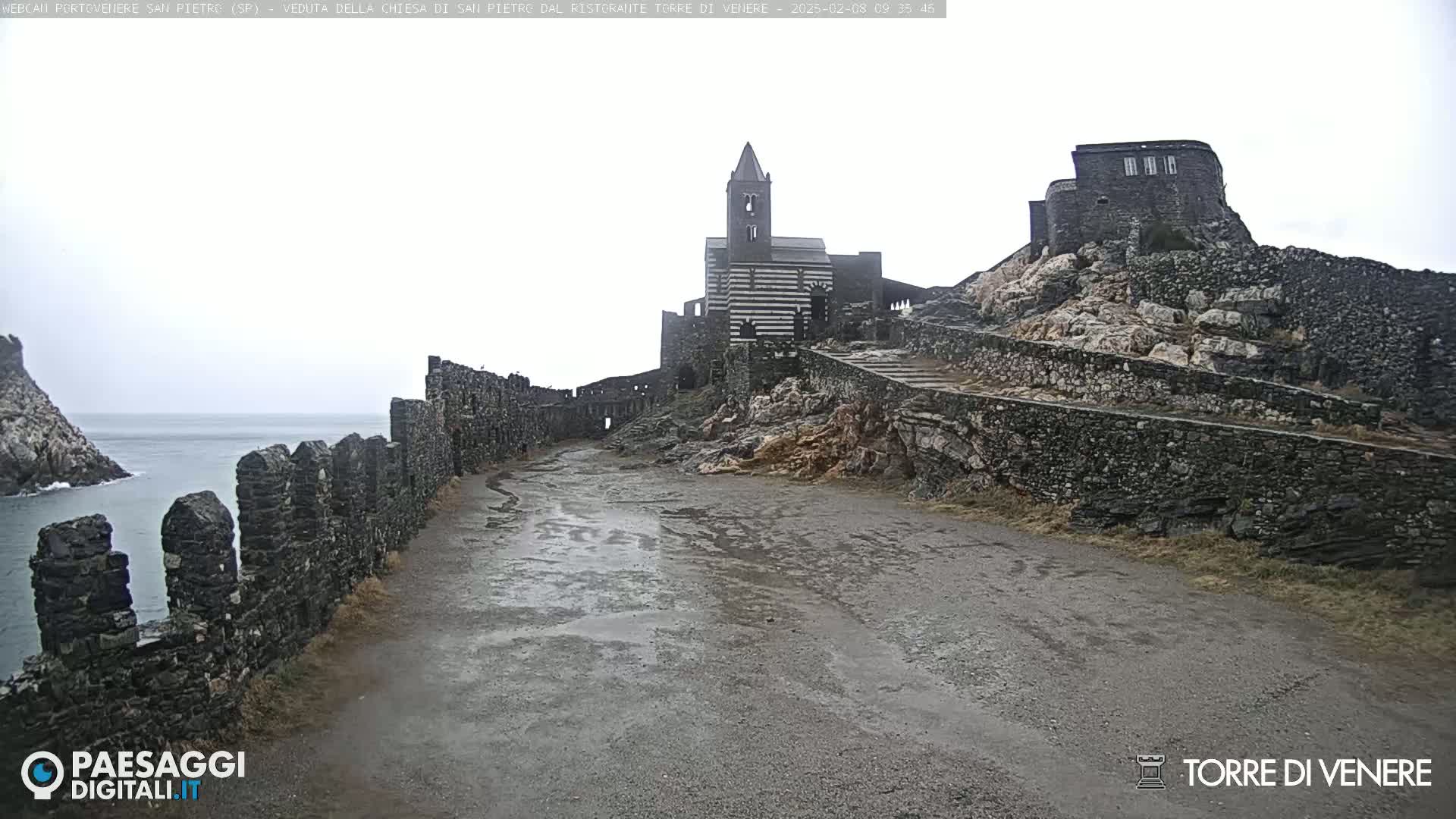 A stone church and fortress are situated on a rocky hill overlooking a calm sea under an overcast sky.