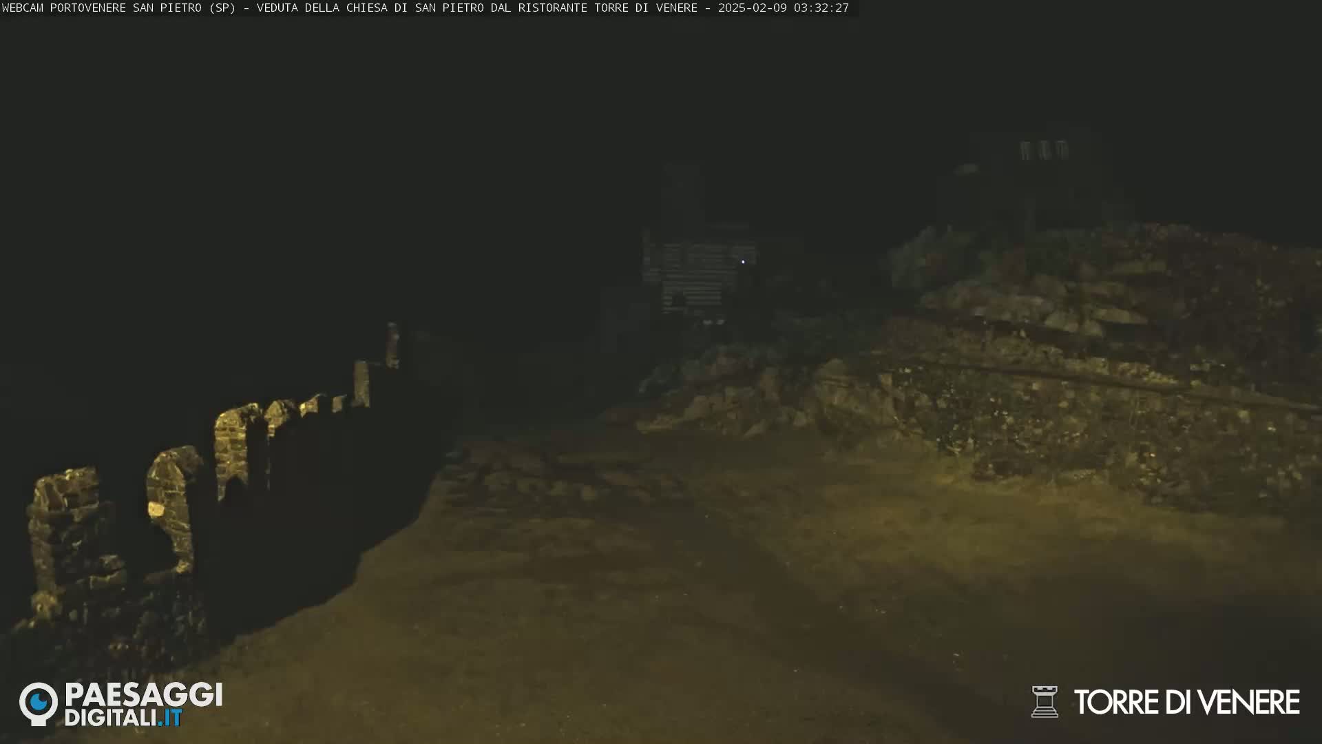 A nighttime, low-light view of a stone wall and rough ground.