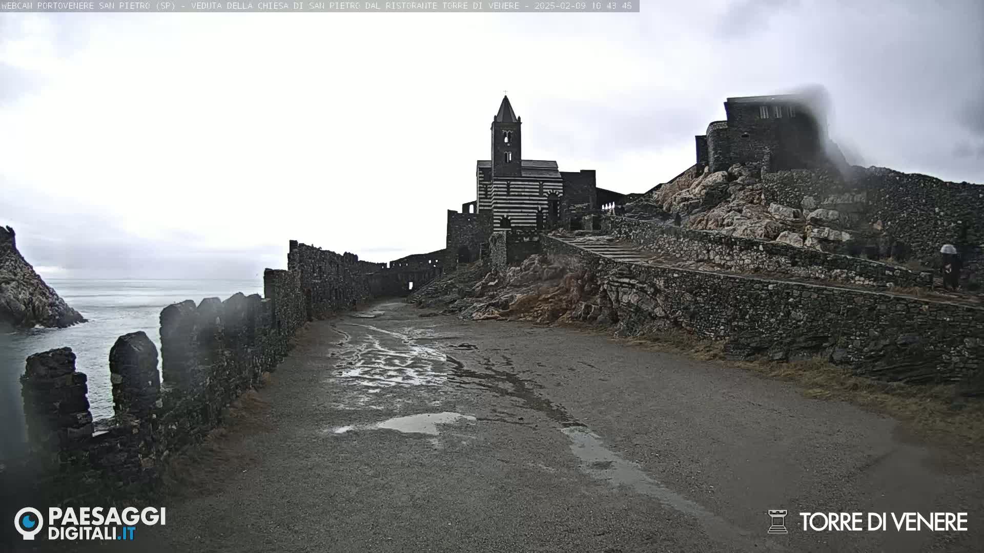 A stone church and fortress on a rocky cliff overlooking a calm sea under an overcast sky, with a wet road leading to the structures.