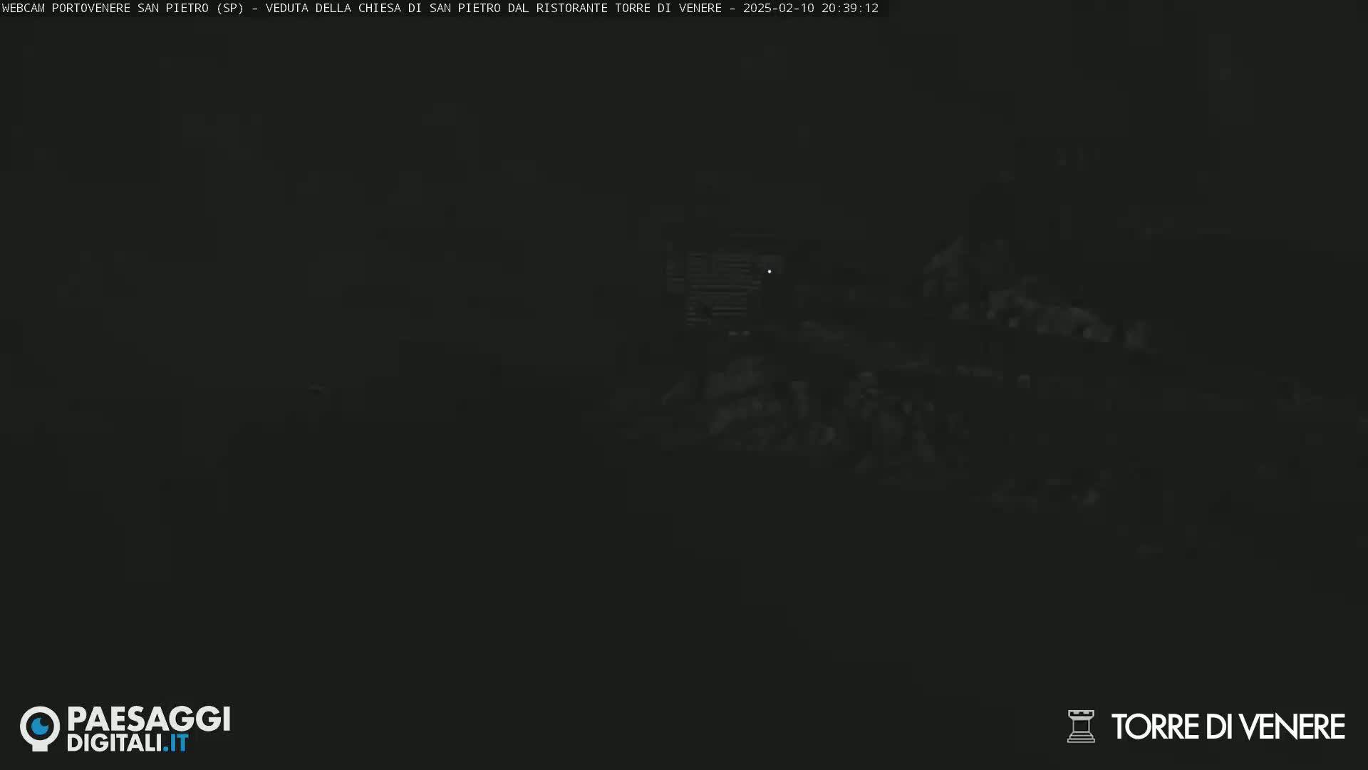 A very dark, nighttime outdoor scene shows indistinct shapes and a few faint lights.