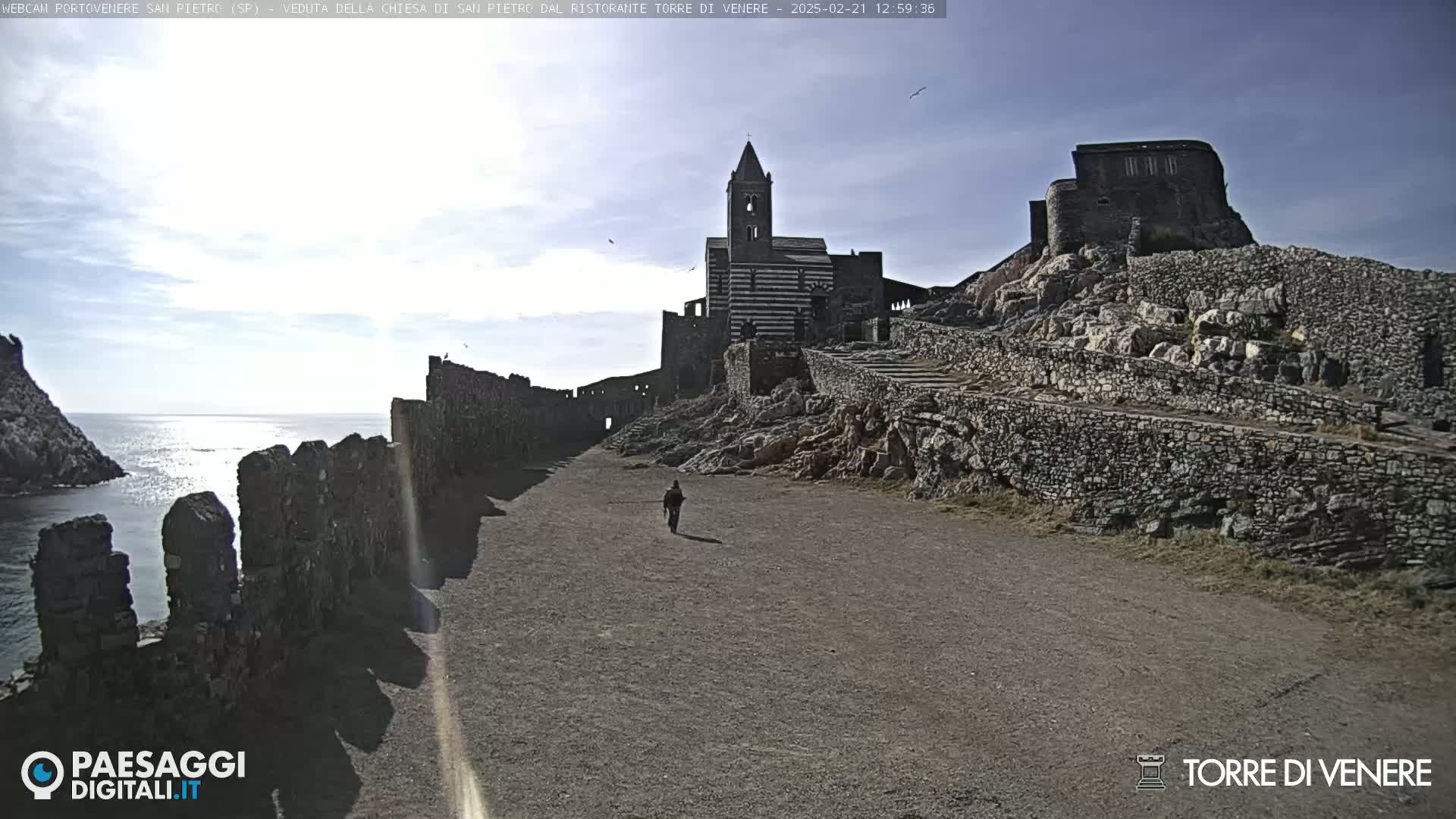 A person walks along a path toward a striped stone church and castle ruins overlooking a calm ocean under a mostly sunny sky.