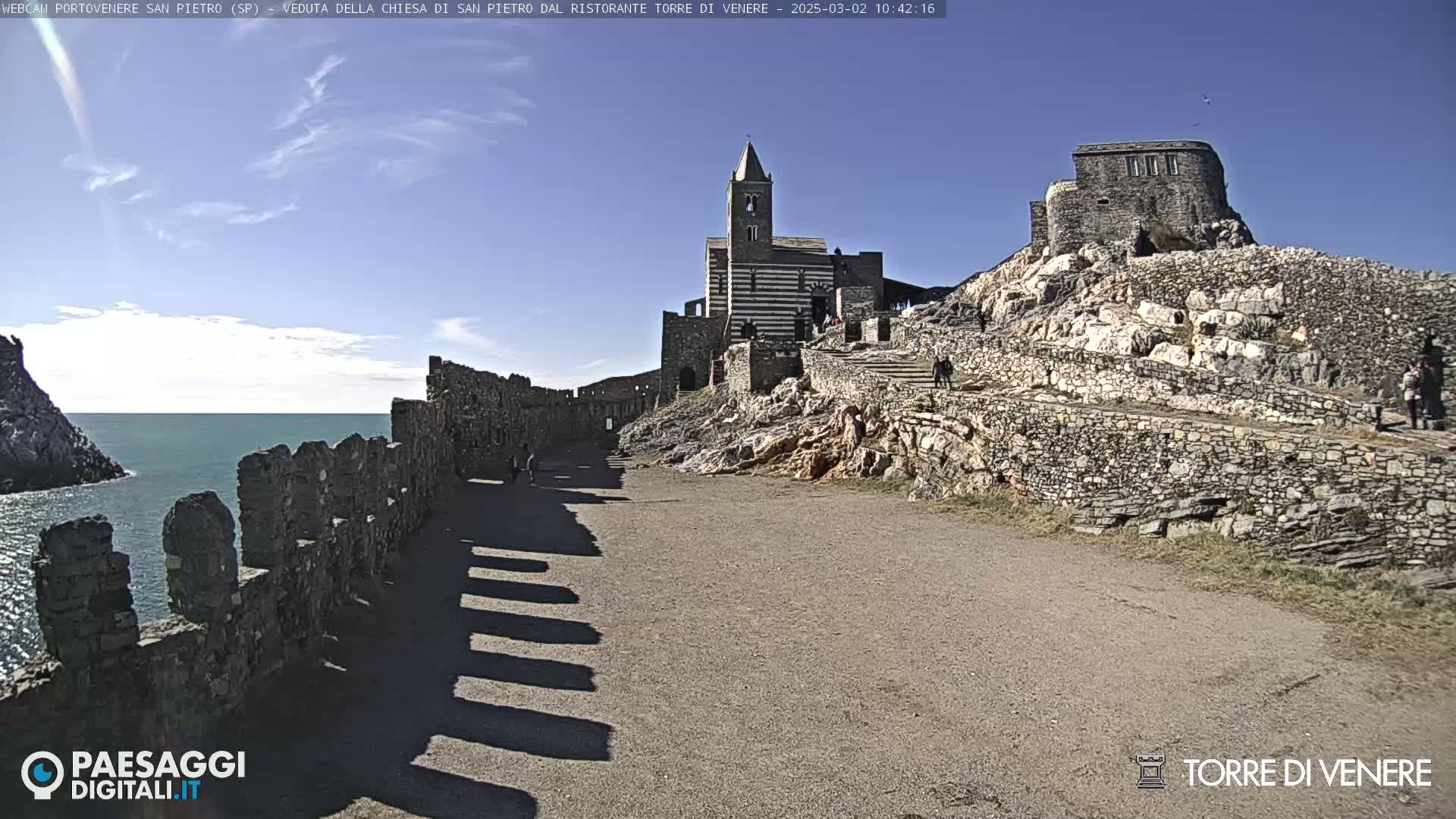 A stone church and castle are situated on a rocky hill overlooking a calm ocean under a clear blue sky.