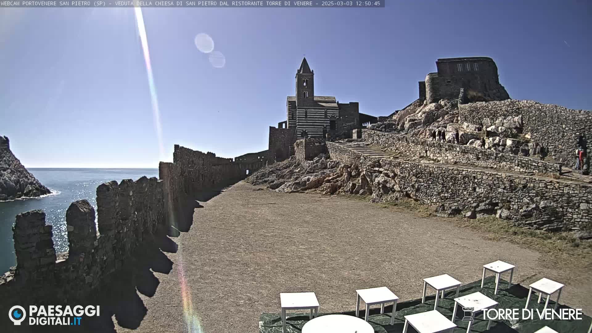A stone church and fortress overlook a calm ocean on a sunny day, with several empty tables situated in the foreground.