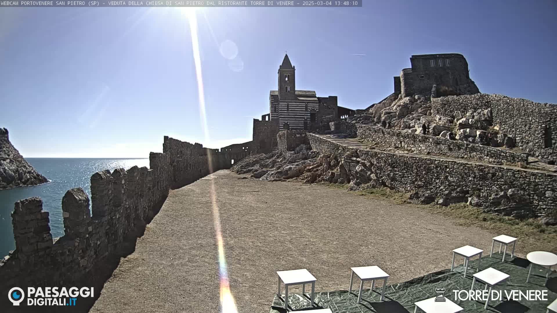 A stone church and fortress overlook a rocky coastline on a sunny day, with several empty tables set up in the foreground.
