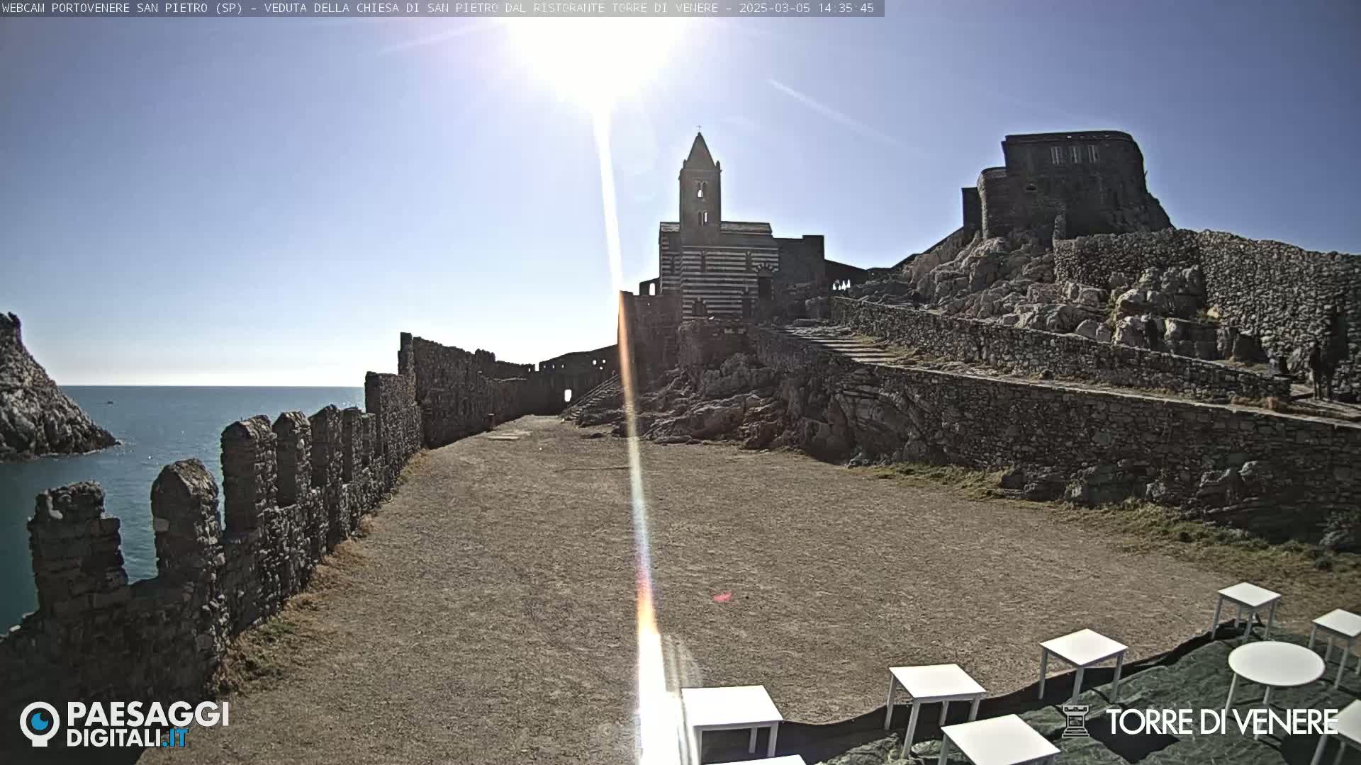 A sunny day reveals a stone church and castle ruins overlooking a calm ocean, with several empty outdoor tables in the foreground.