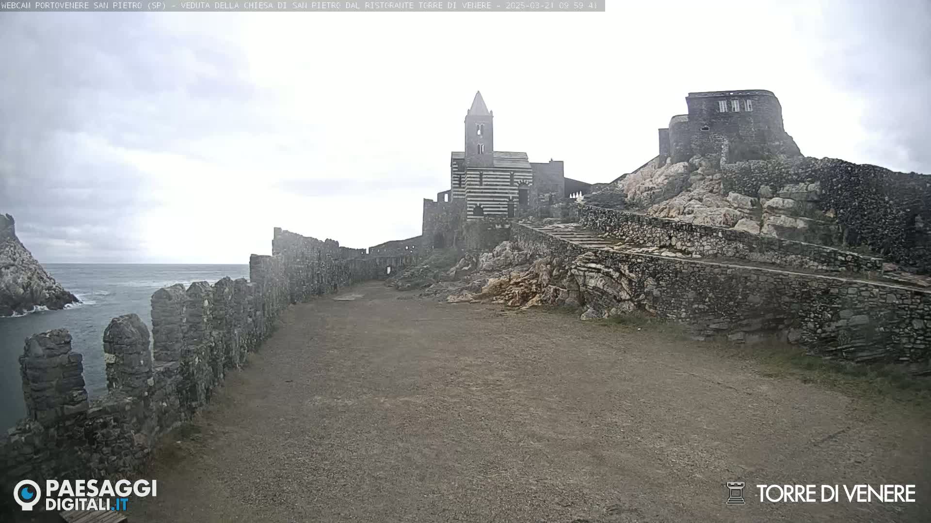 A stone church and castle sit atop a rocky hill overlooking a calm ocean under an overcast sky.