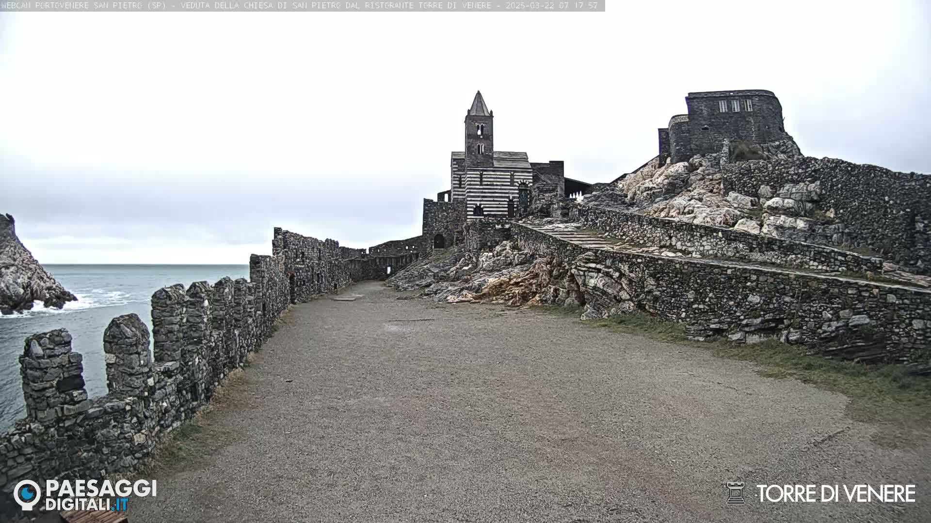 A stone path leads toward a church and ruins situated on a rocky outcrop overlooking a choppy sea under an overcast sky.