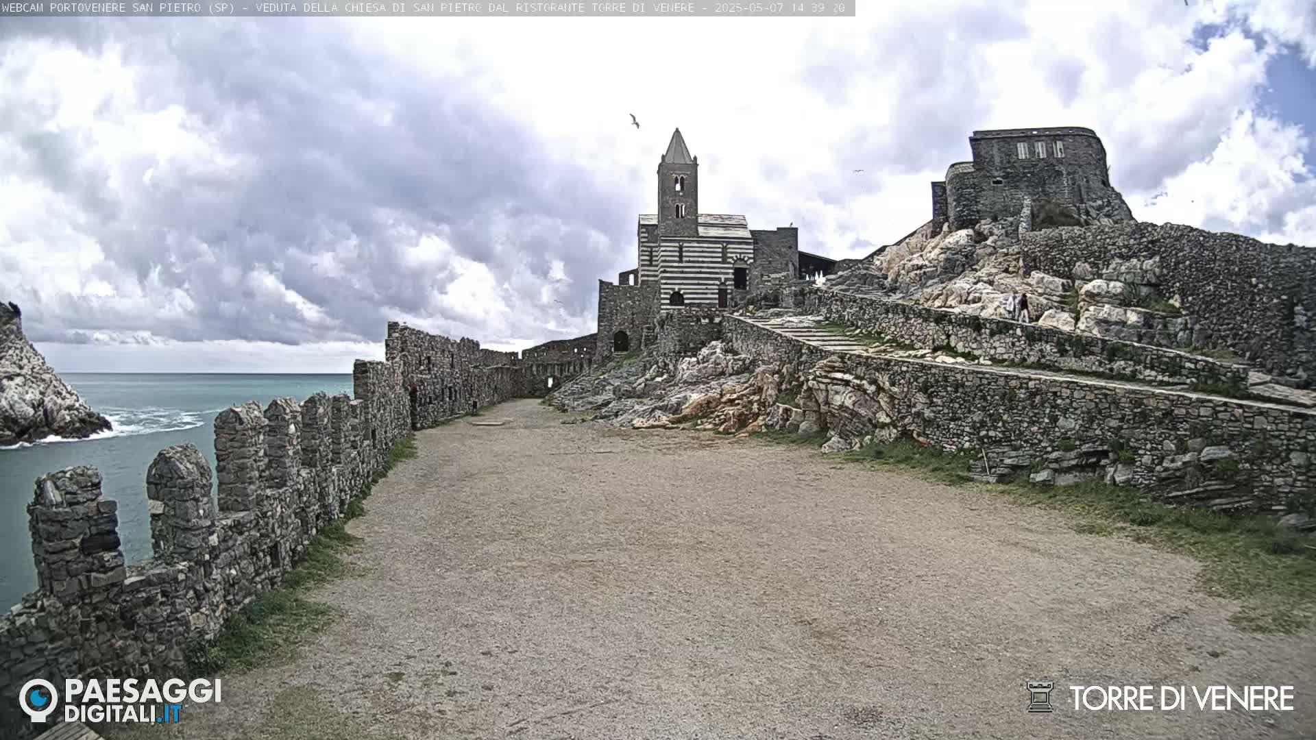 A stone church and castle ruins sit atop a rocky hill overlooking a partially cloudy ocean.