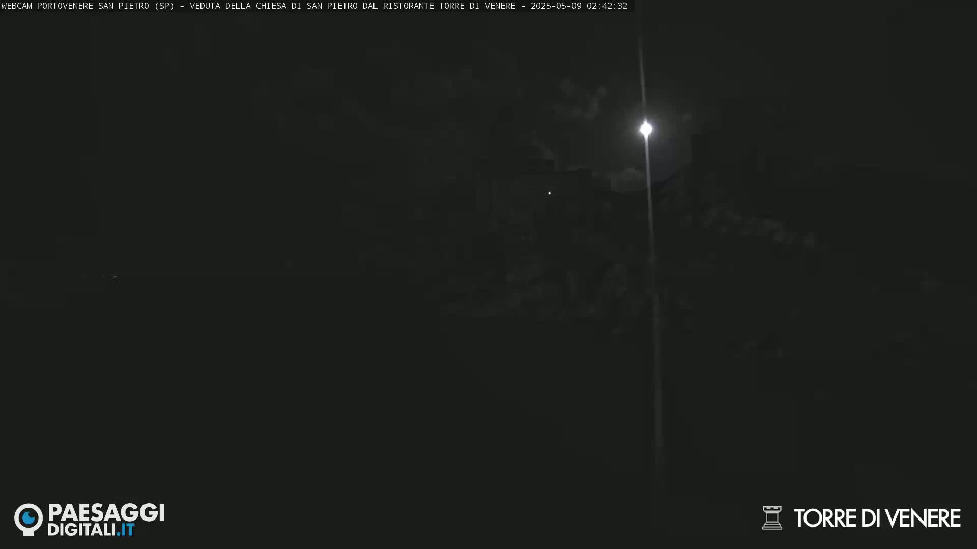 A dark nighttime scene is illuminated by a bright light source in the distance and a less bright light source to the left, with a mostly clear sky.