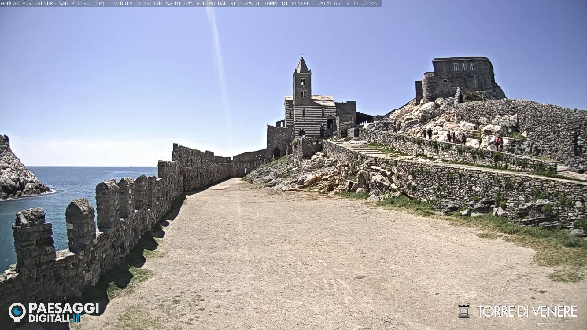 A stone church and castle ruins sit atop a rocky hill overlooking a calm sea under a clear blue sky.