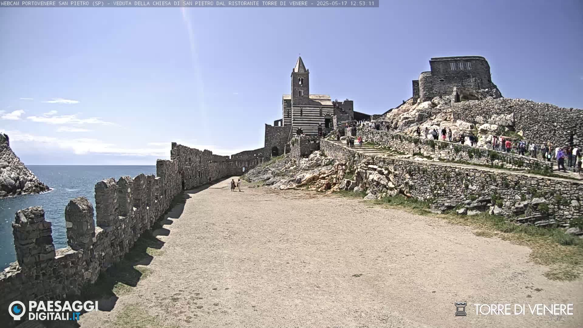 A stone pathway leads to a striped church atop a rocky hill overlooking a calm ocean under a clear, sunny sky, with old stone walls and a crowd of people present.