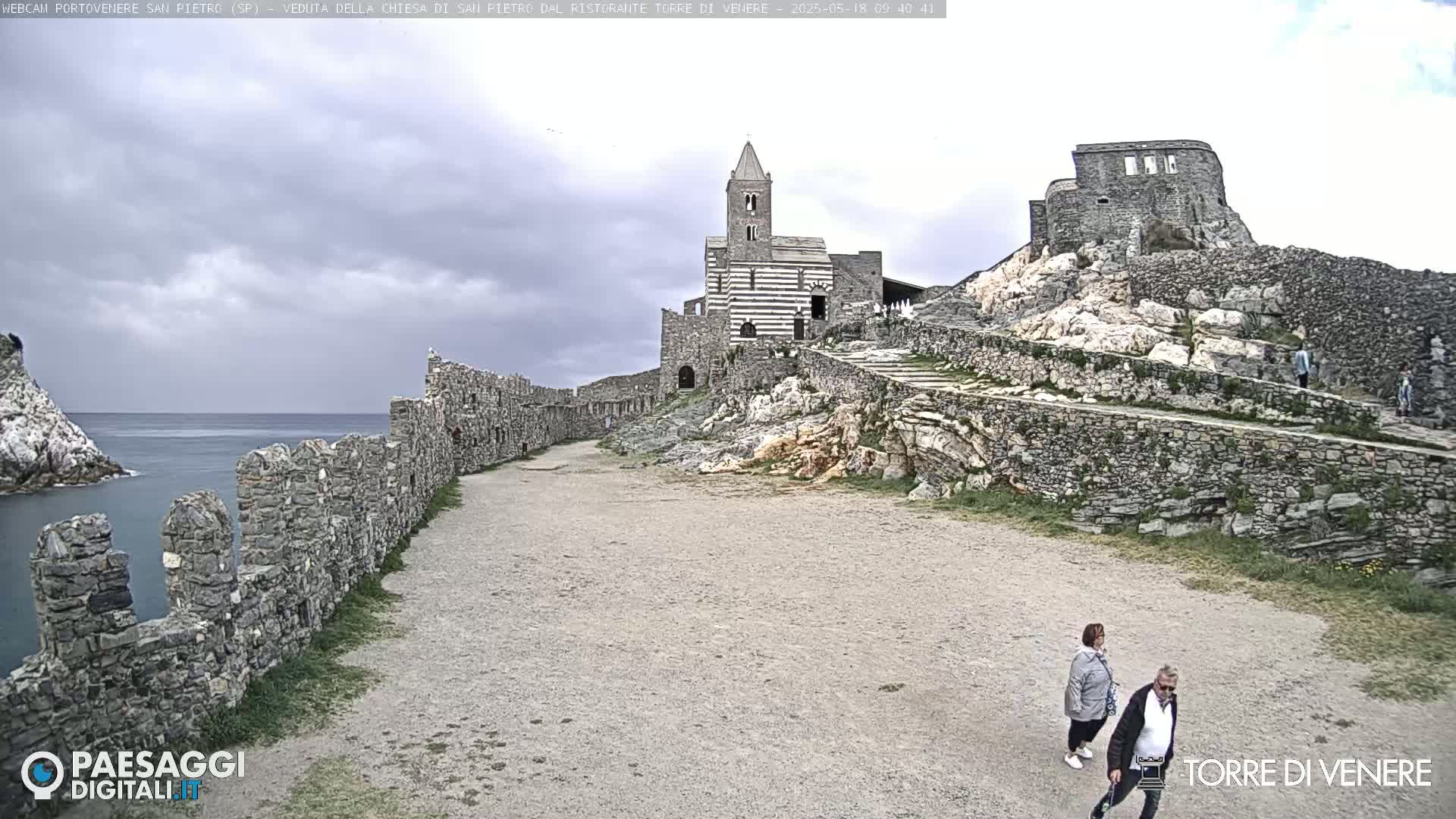A stone church and ruins sit atop a rocky hill overlooking a calm sea under a cloudy sky, with two people walking on a path below.