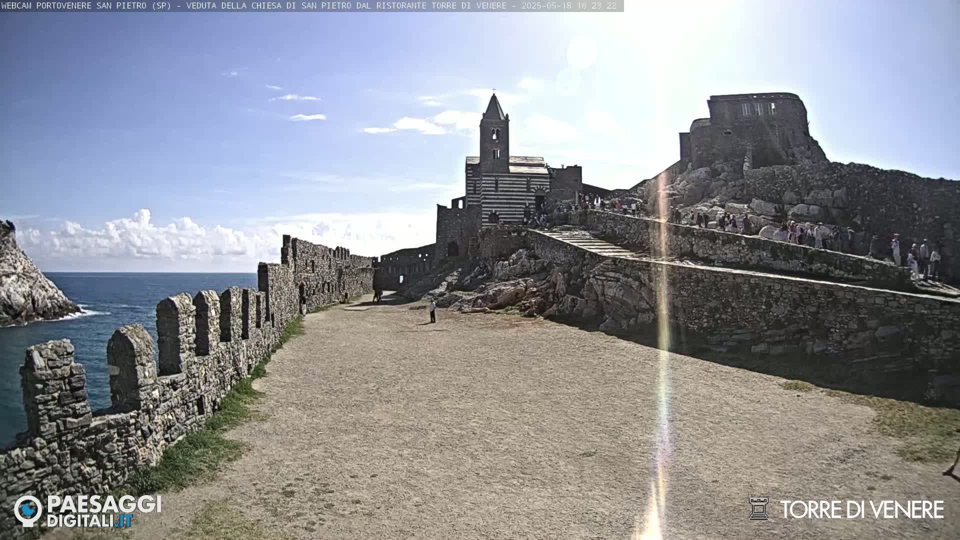 A stone church and castle ruins sit atop a rocky cliff overlooking a calm ocean under a partly sunny sky.