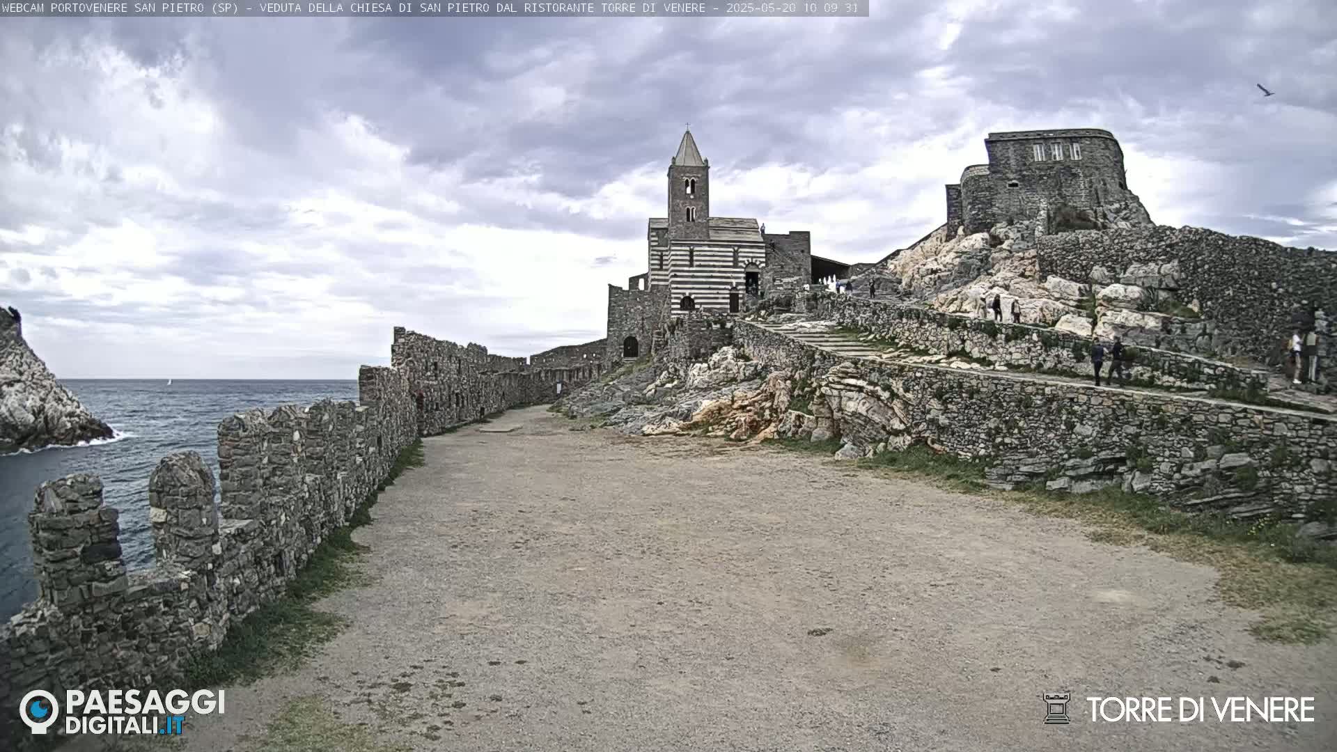 A stone church and castle ruins sit atop a rocky cliff overlooking a calm sea under a mostly cloudy sky.