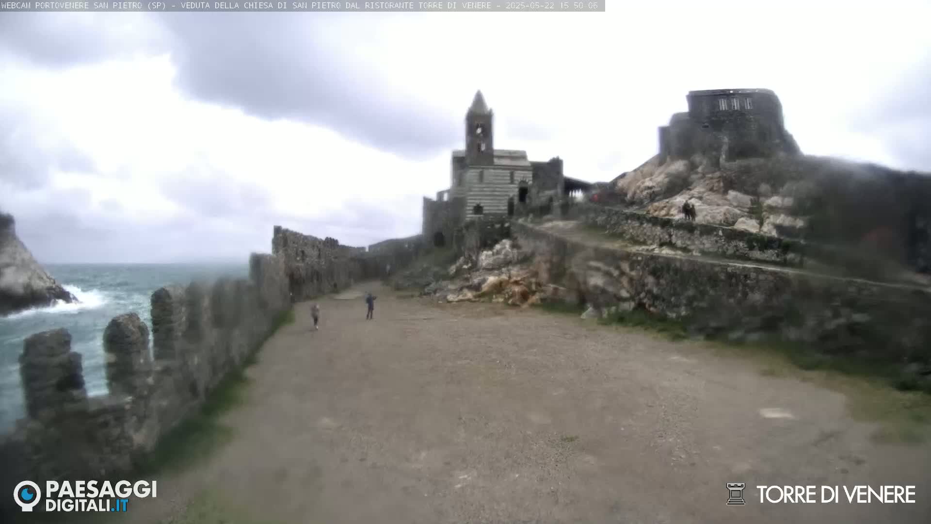 A stone church and fortress stand on a rocky outcrop overlooking a turbulent sea under an overcast sky.