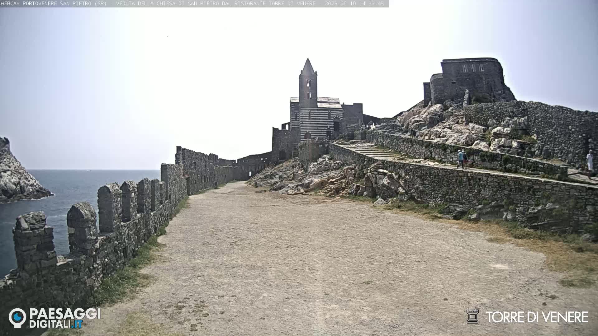 A stone pathway leads toward a church and ruins on a rocky hillside overlooking a calm sea under a bright, mostly clear sky.