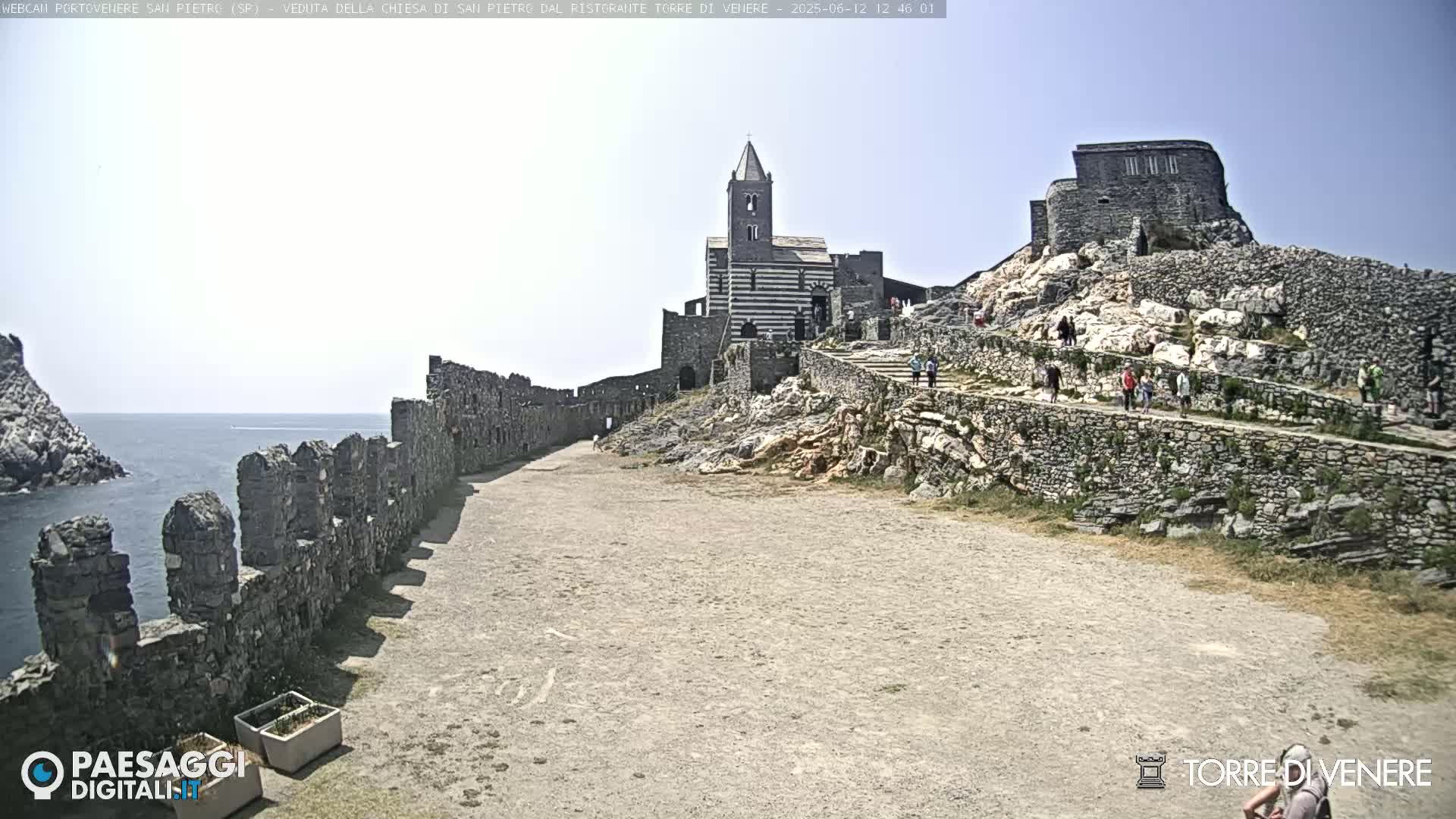 A coastal stone church and ruins stand atop a rocky hill under a mostly clear sky, with a stone wall and a few people visible.
