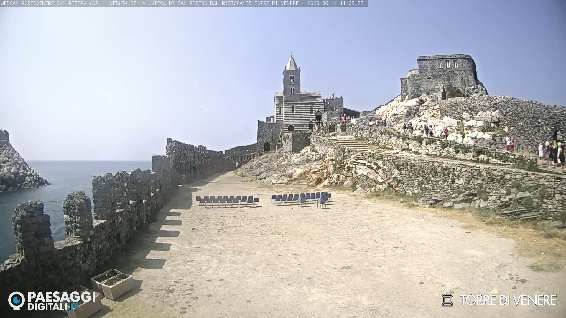A stone church sits atop a rocky hill overlooking the ocean on a sunny day, with stone walls and a few people visible.