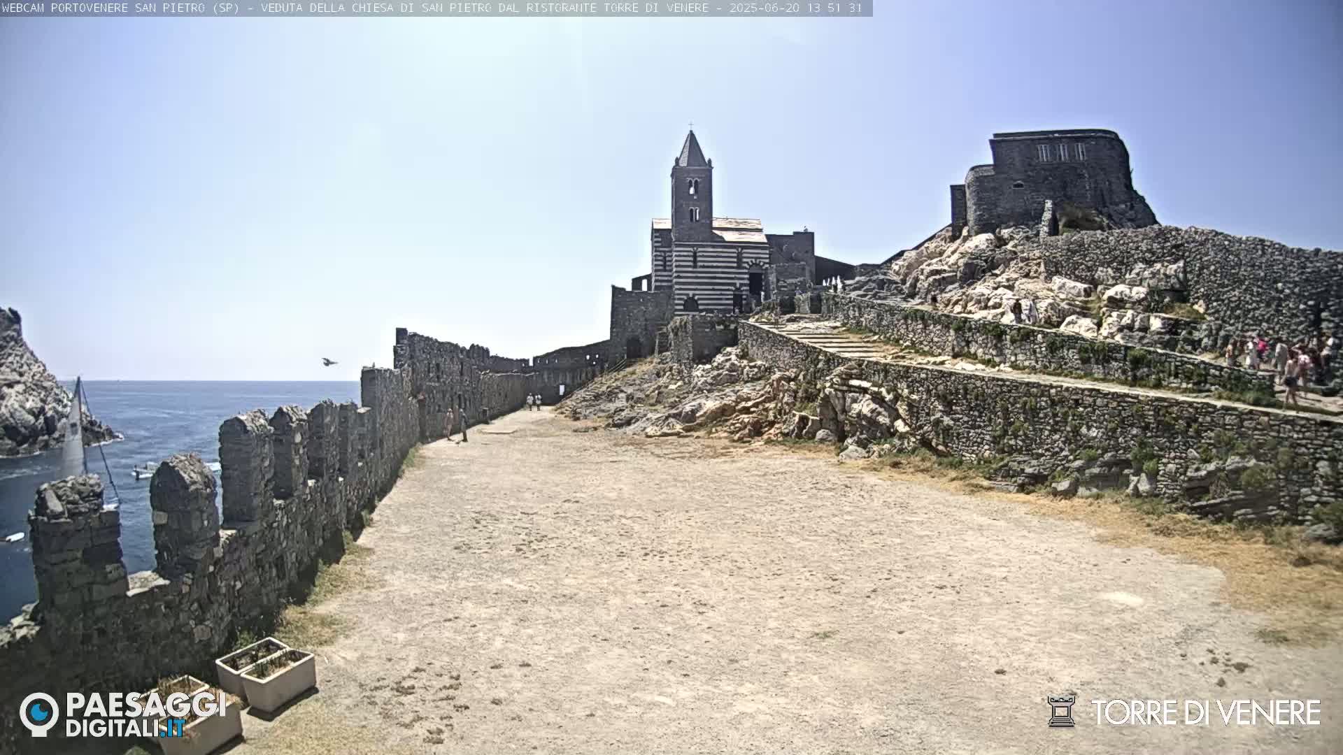 A stone church and castle ruins sit atop a rocky hill overlooking a calm sea under a clear sky.