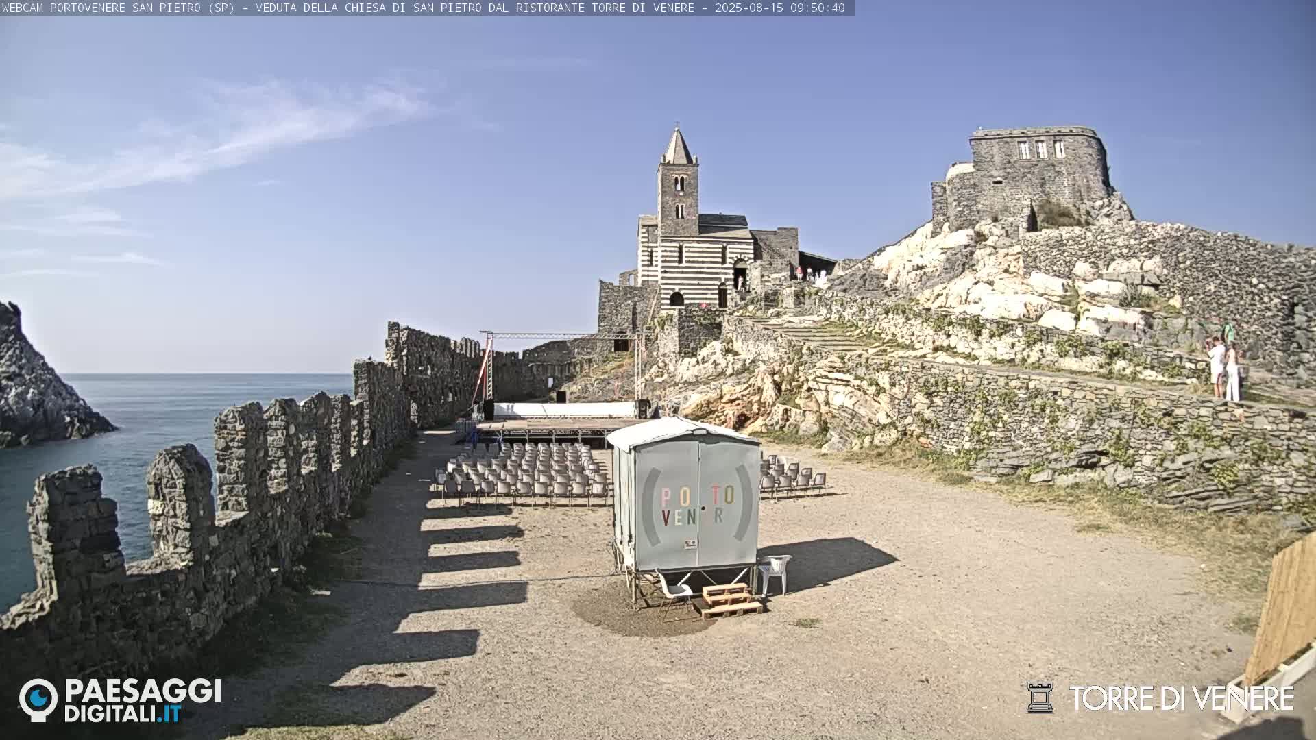 A stone church and castle ruins sit atop a rocky hill overlooking a calm sea under a mostly clear sky.