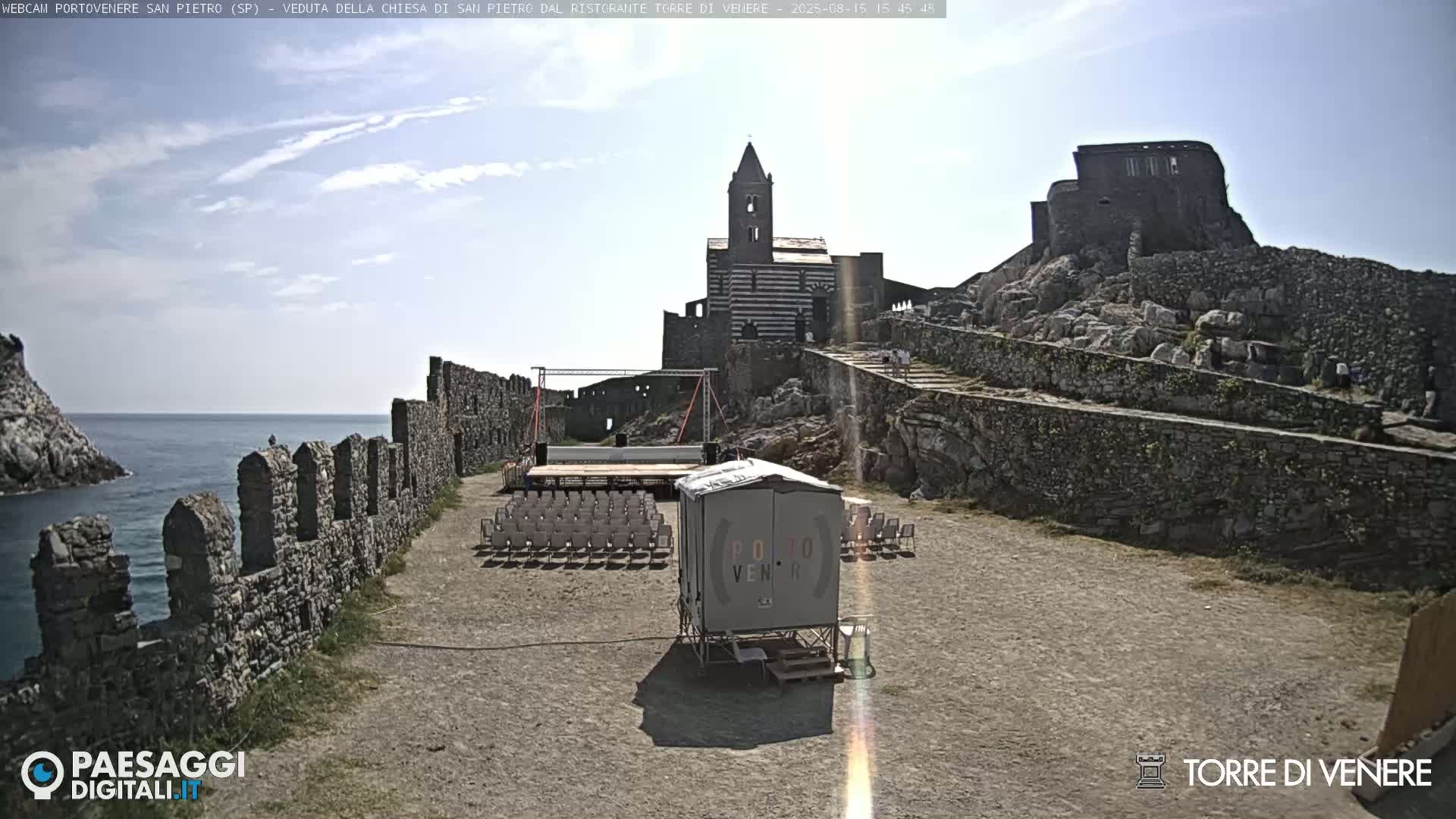 A stone church and castle ruins sit atop a rocky hill overlooking a calm sea under a mostly clear sky.