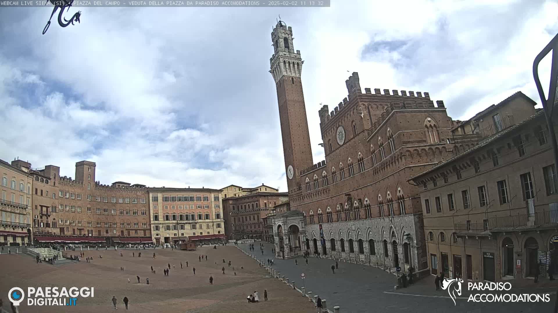 A large, mostly empty piazza in Siena, Italy, is surrounded by historic brick buildings under a partly cloudy sky.