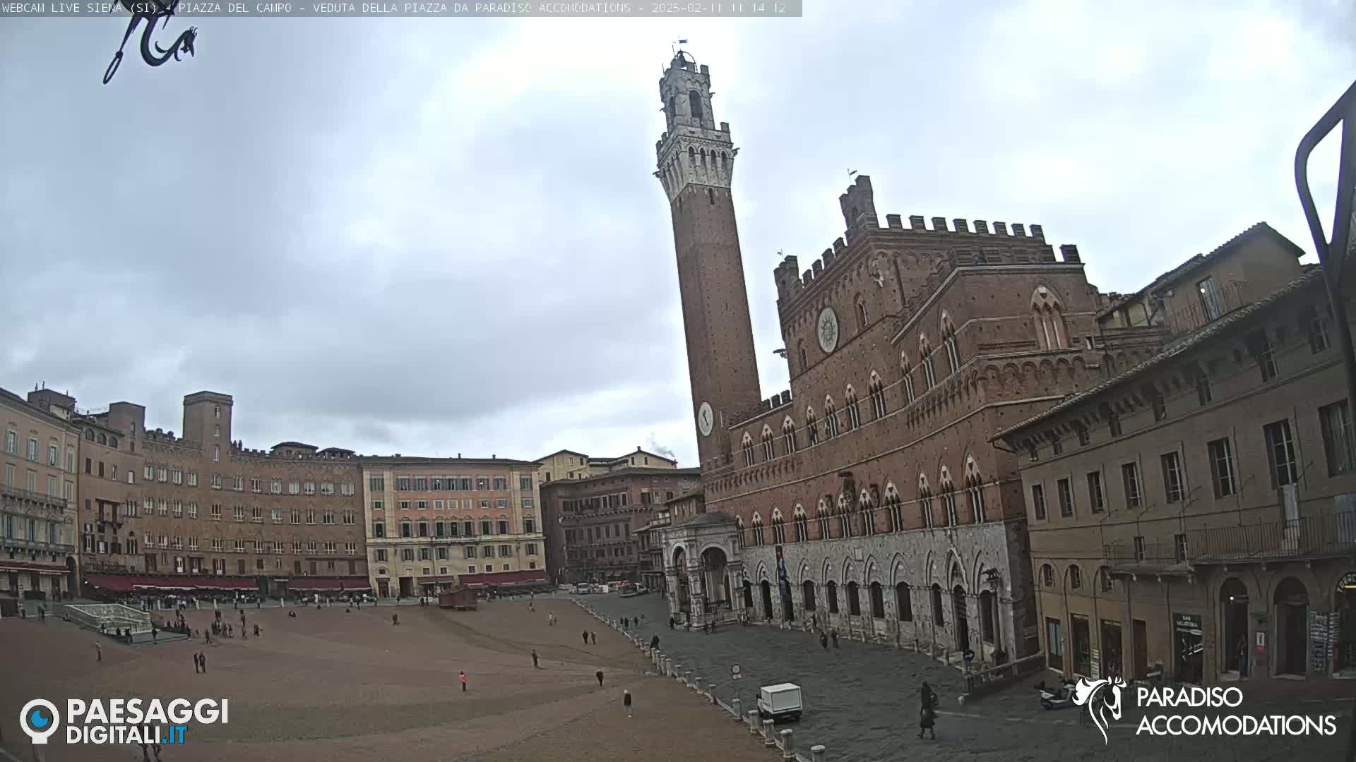 A large, brick piazza in Siena, Italy, is shown under an overcast sky, with a tall tower and medieval-style buildings surrounding the open space.
