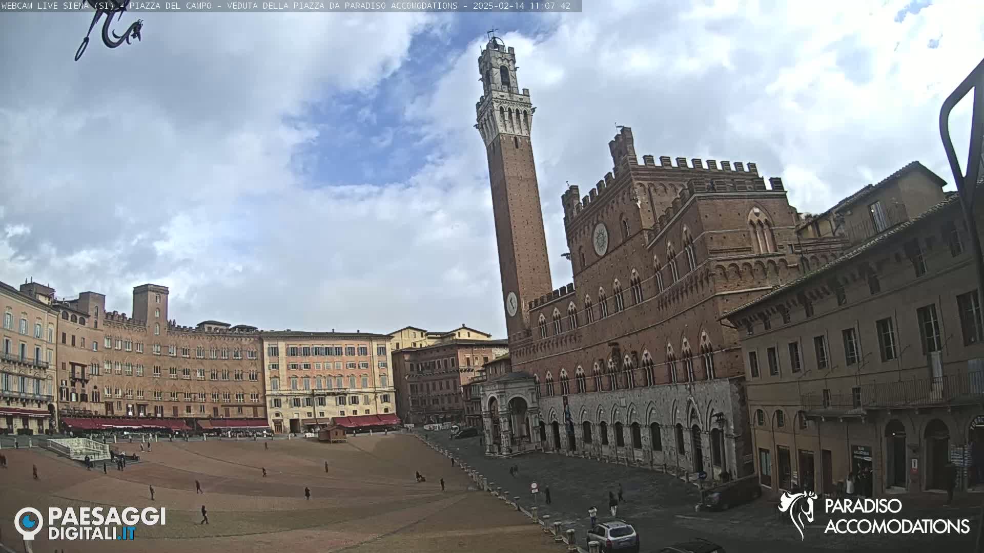 A large, mostly empty piazza in Siena, Italy, is surrounded by medieval buildings under a partly cloudy sky.
